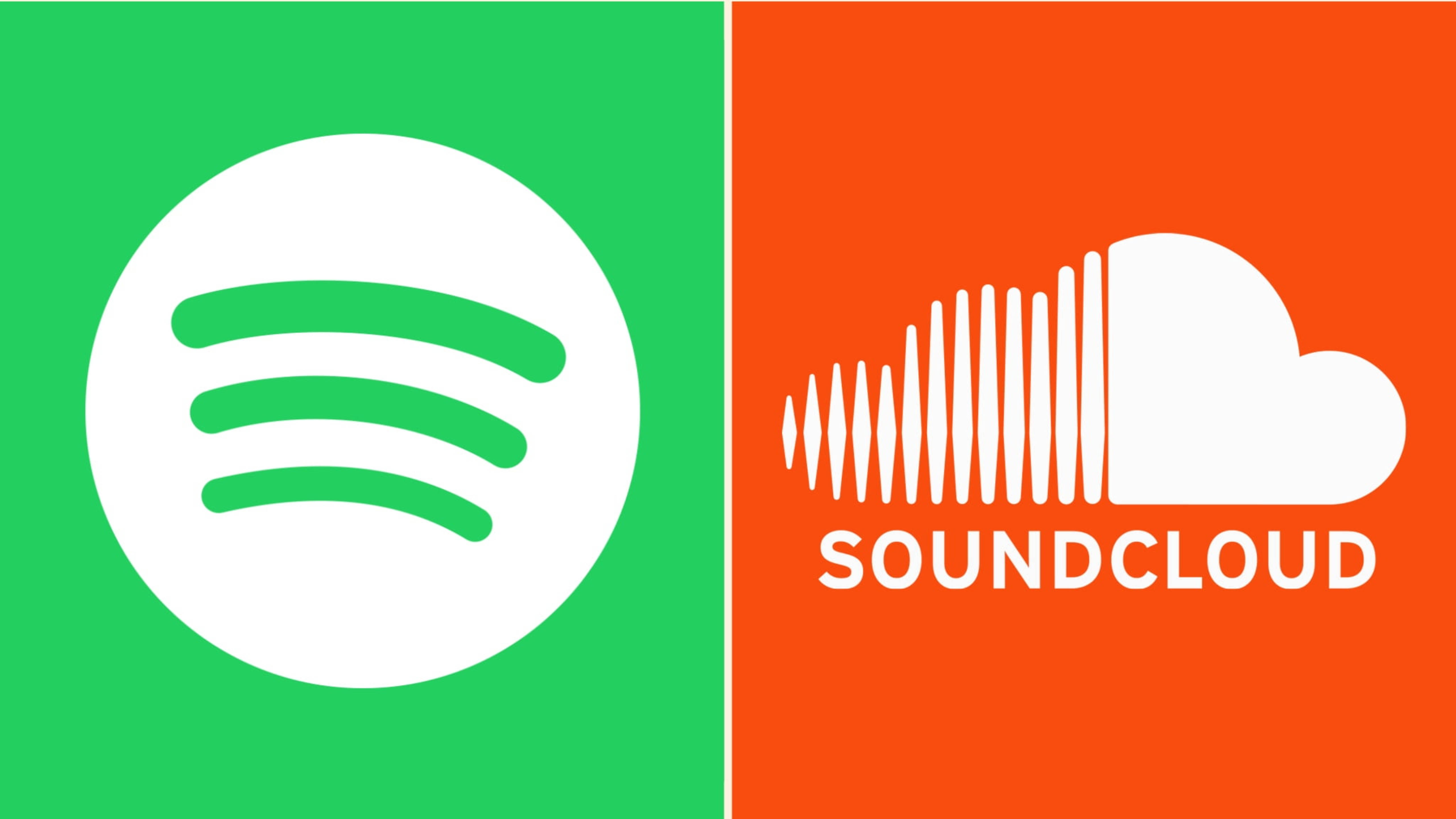 SoundCloud對決Spotify音樂 壁紙 — 分割畫面，左邊綠色顯示Spotify標誌，右邊橙色顯示SoundCloud標誌。