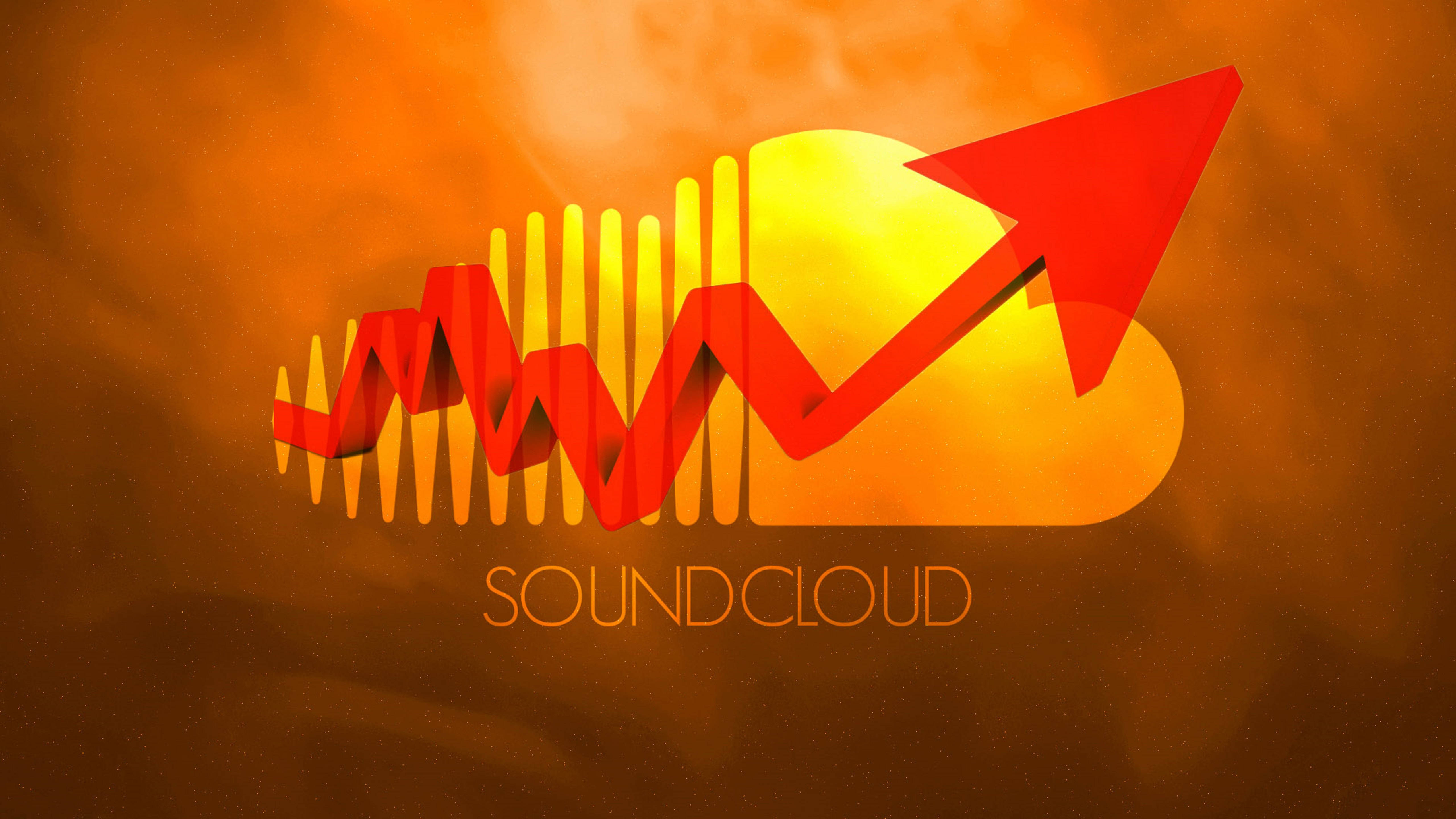 SoundCloud病毒式音樂推廣 壁紙 — 一個大膽的紅色 SoundCloud 標誌，帶有上升箭頭和波形，在溫暖的橙色漸變背景上發光。