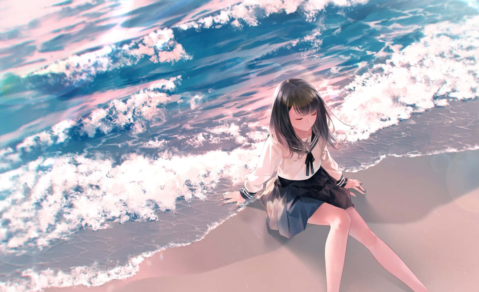 穿著校服的動漫女孩坐在沙灘上，看著海浪