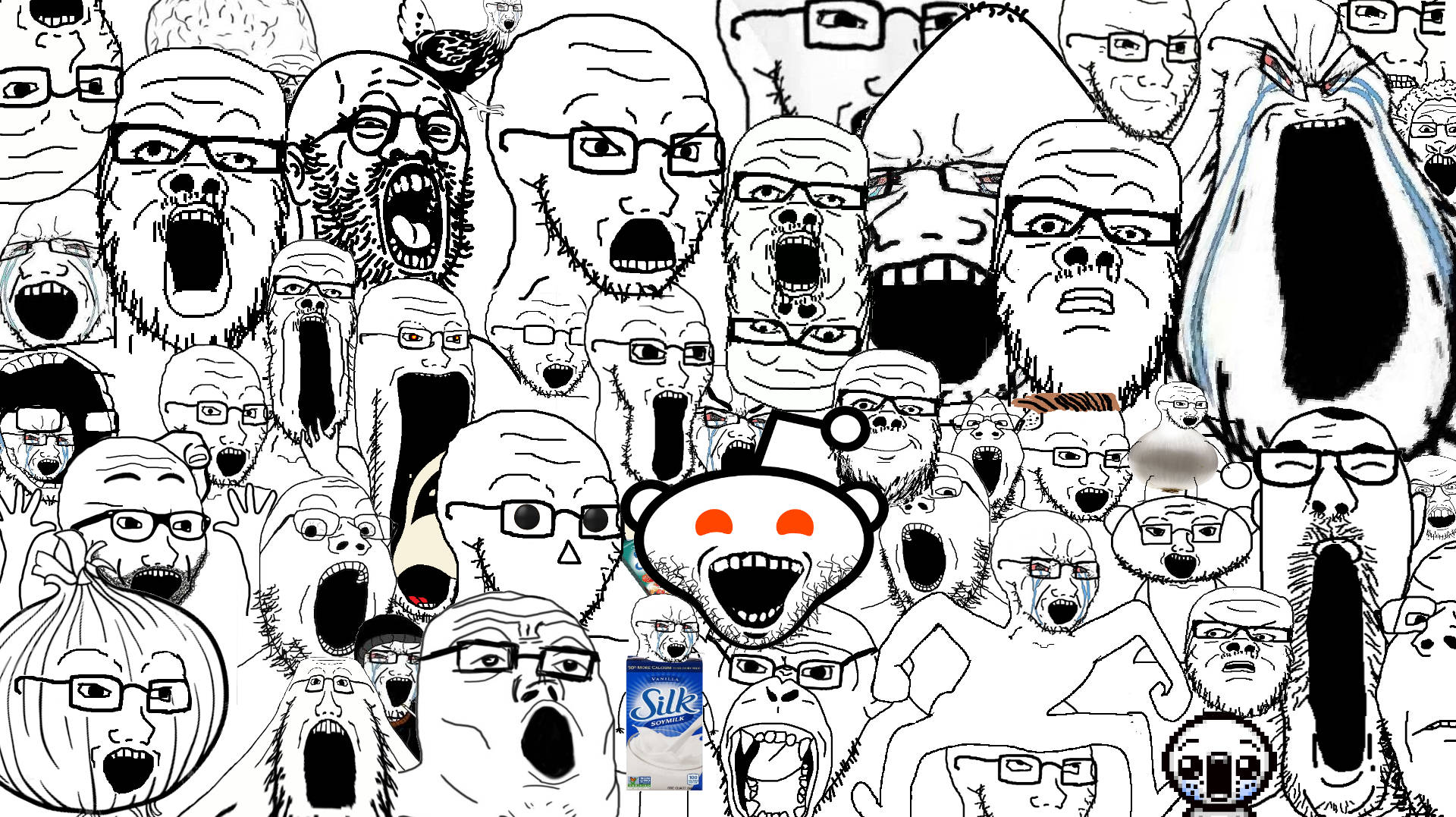 Soyjak 幽默迷因臉 壁紙 — 一幅混亂的黑白插圖，描繪尖叫的面孔，中央有一個 Reddit 外星人和一個 Silk 牛奶盒。