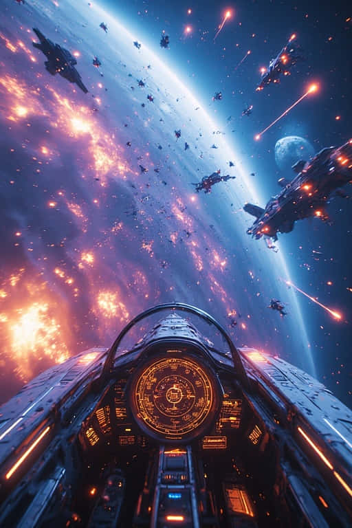 太空戰中的太空船駕駛艙，可見行星和爆炸
