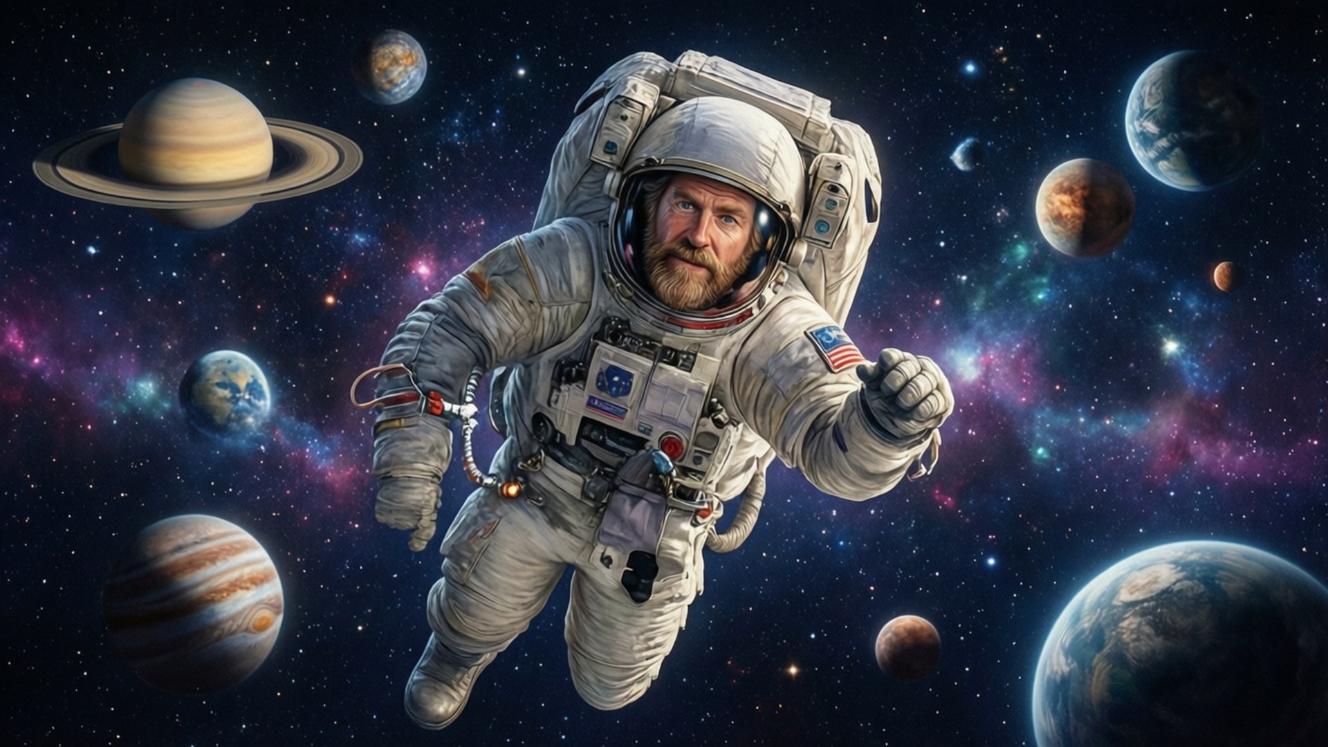 一位留鬍子的太空人穿著太空衣，在深空中漂浮於行星和星星之間。
