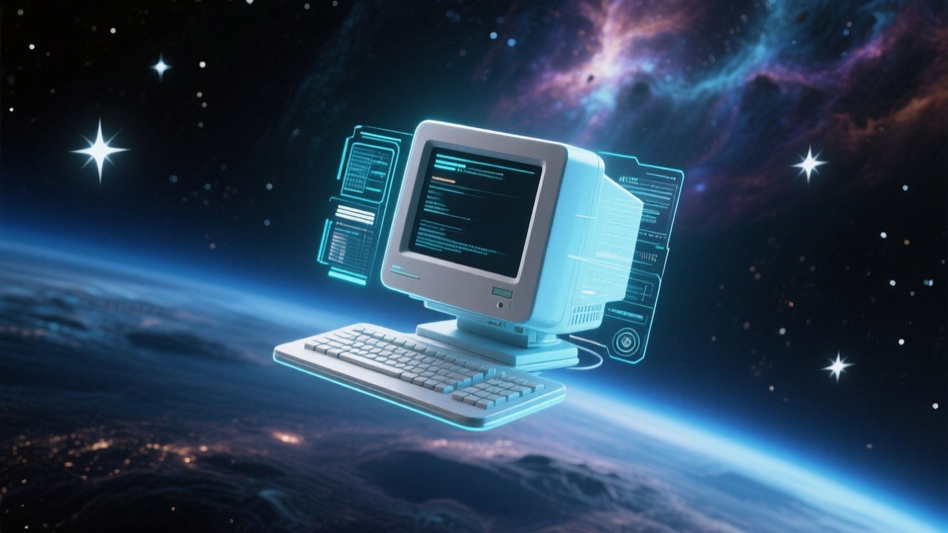 Space Computer Hologram 壁紙 — 一部復古米色電腦，帶有發光藍色介面，在星空宇宙背景下漂浮在地球上方。