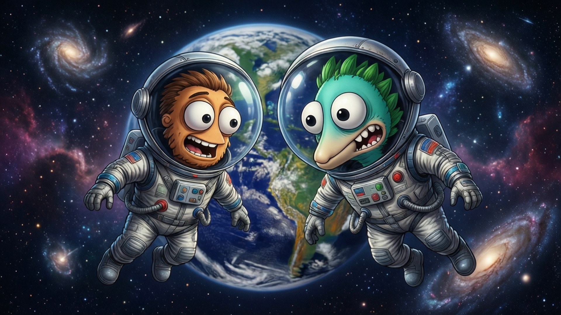 兩個卡通太空人漂浮在地球附近的太空中，身後是色彩繽紛的星系。