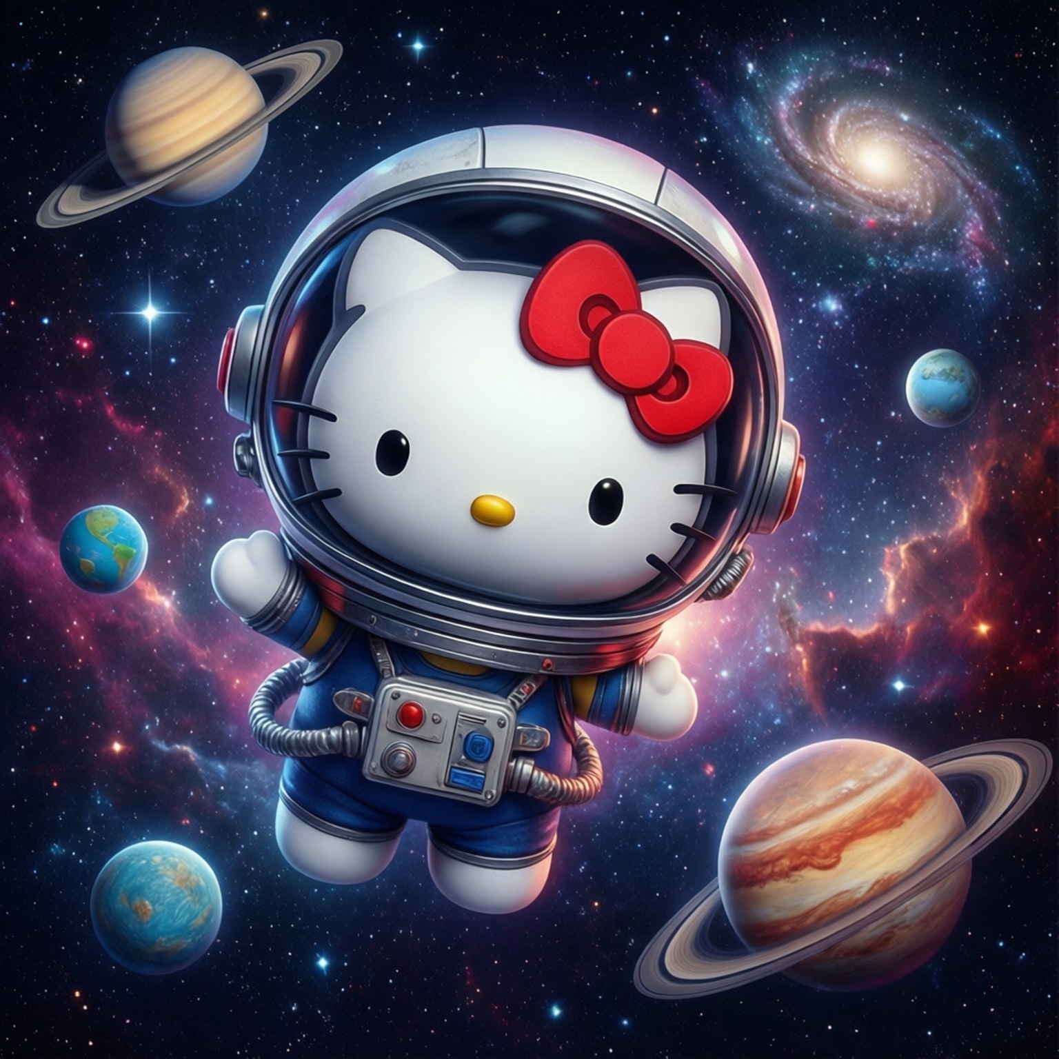 Hello Kitty 穿著太空衣在太空中的行星和星星之間漂浮