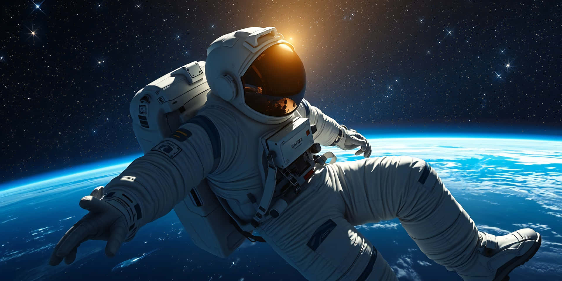 太空人喺太空漂浮喺地球之上，背景有星星同太陽