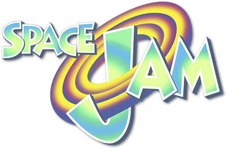 Space Jam標誌 壁紙 — Space Jam 的充滿活力的復古標誌，帶有旋轉的彩虹色和粗體 3D 字體，背景為黑色。
