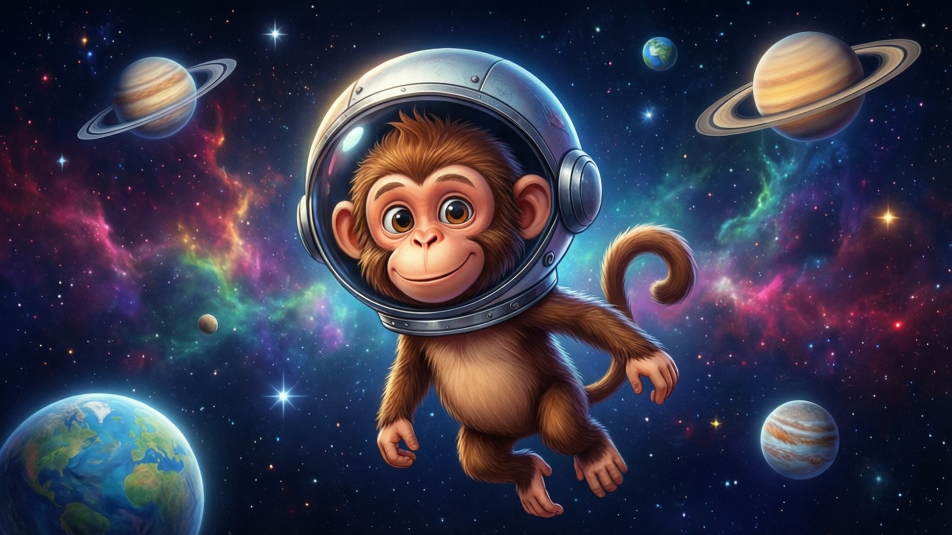 一隻戴著太空頭盔的卡通猴子在行星和色彩繽紛的星雲之間漂浮。