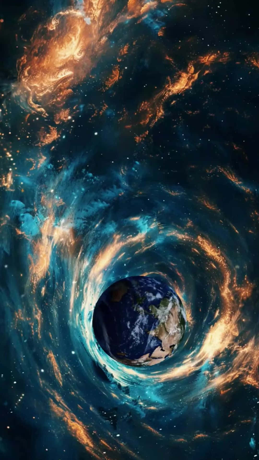 行星地球位於旋轉宇宙星雲的中心，帶有橙色和青色的雲和星星