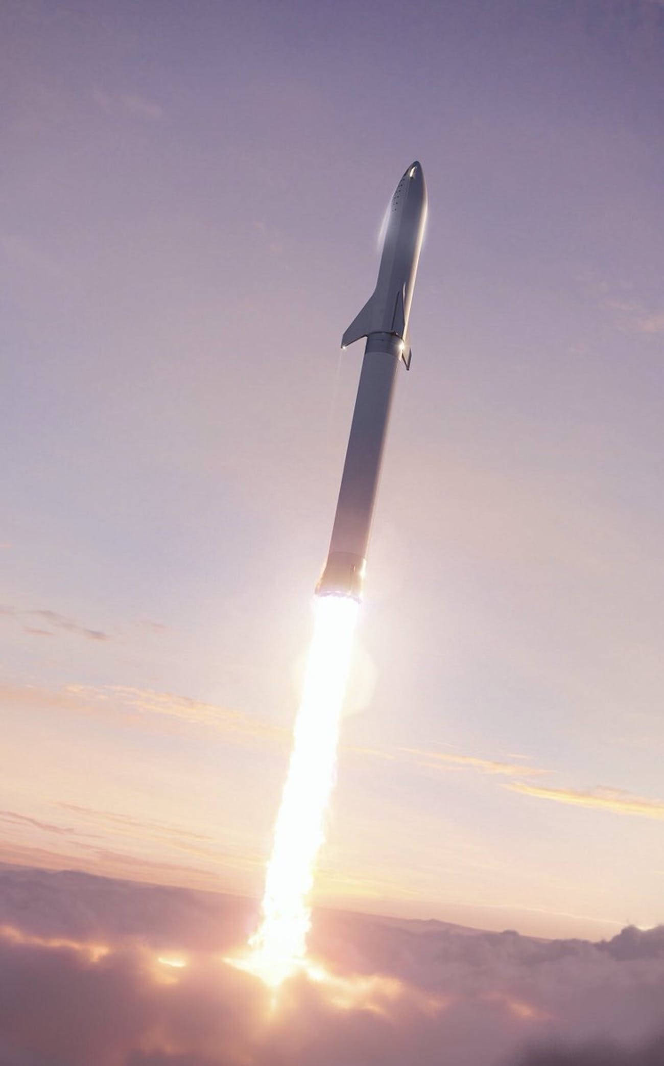 SpaceX BFR 壁紙 — 一枚流線型火箭穿過雲層上升，在黎明時分柔和的紫色和橙色天空中留下熾熱的痕跡。