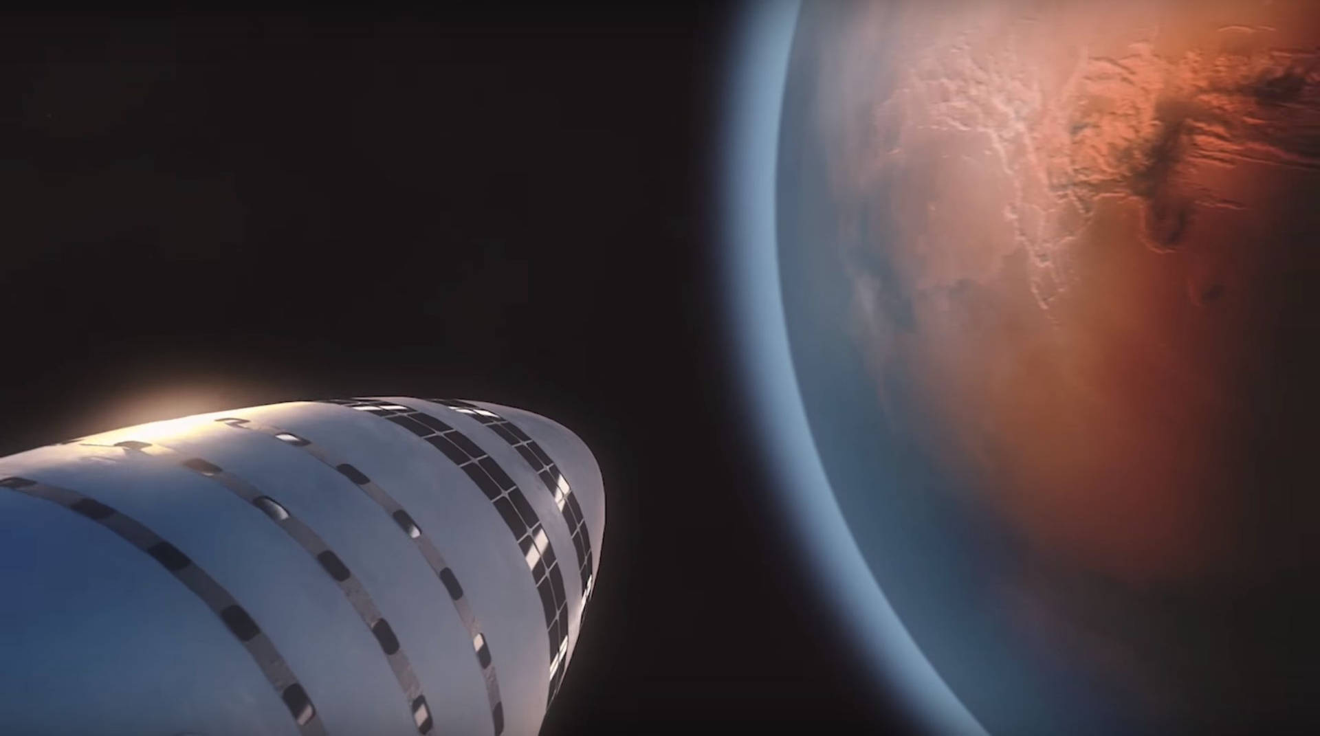 未來太空船繞著一顆帶有藍色大氣光芒的紅色行星運行。 — Spacex GIF 壁紙