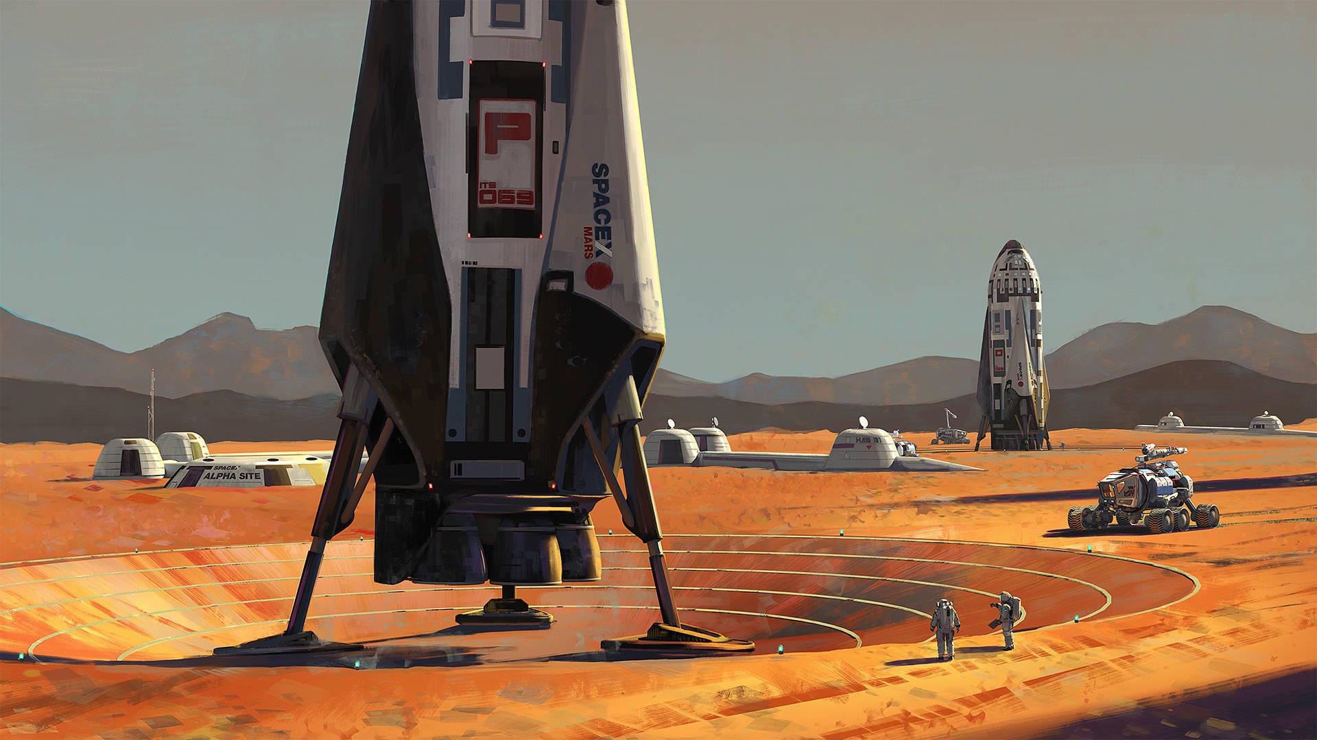 火星上的SpaceX火箭，太空人和探測車靠近圓頂棲息地。