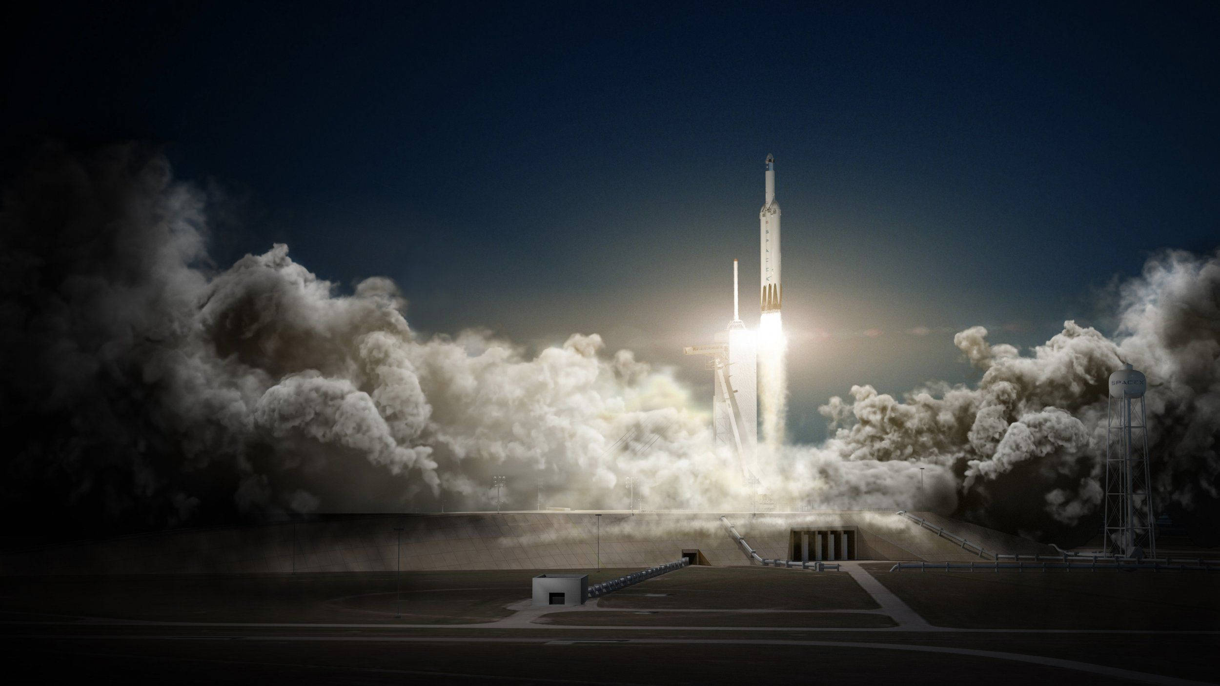 SpaceX 阿特拉斯 V 壁紙 — 火箭在夜空中發射，以熾熱的引擎衝破雲層，照亮下方的發射台。