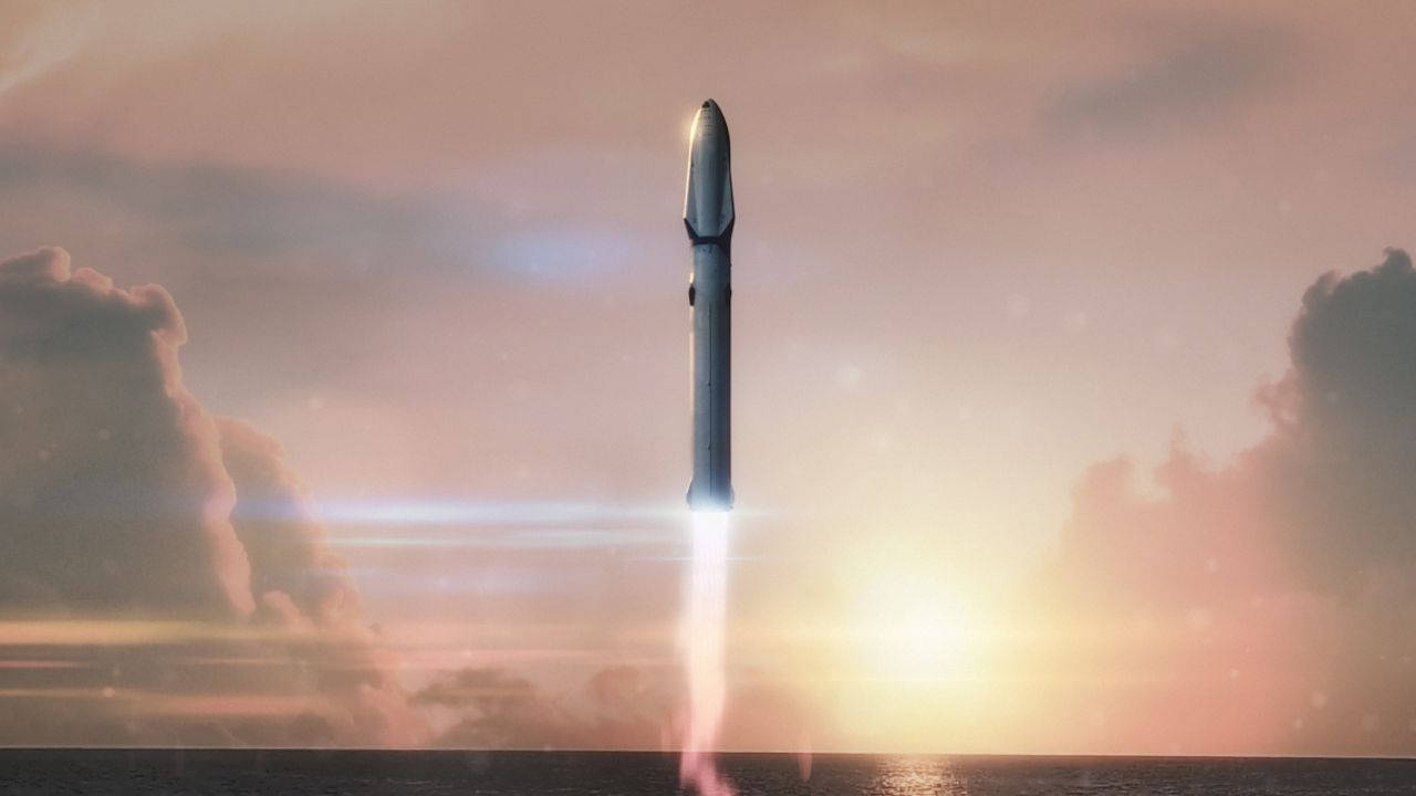 日落時從海洋發射火箭，帶有火紅的排氣軌跡。 — Spacex GIF 壁紙