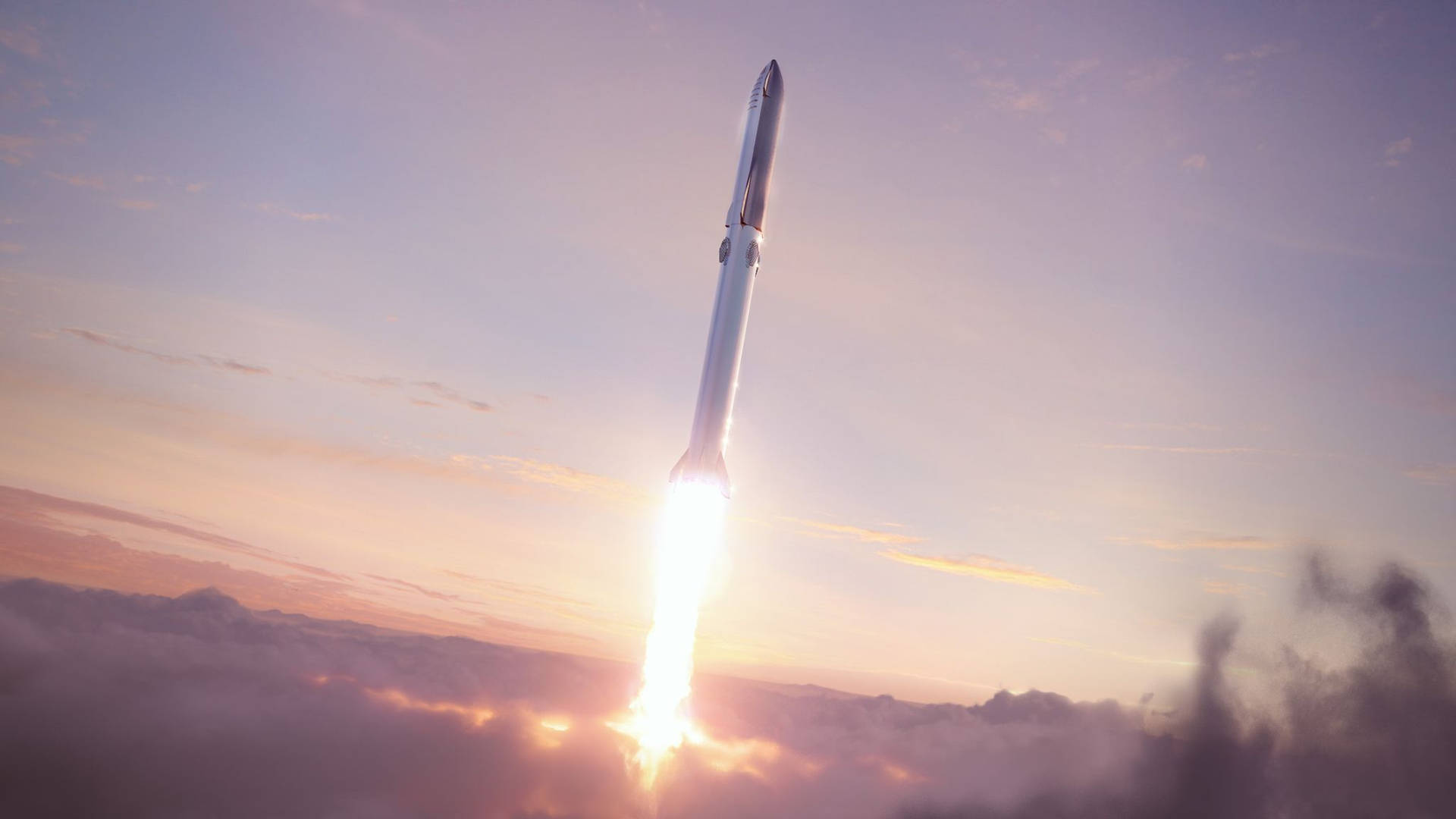 火箭發射到日出天空，帶有熾熱的尾焰和雲層覆蓋。 — Spacex GIF 壁紙