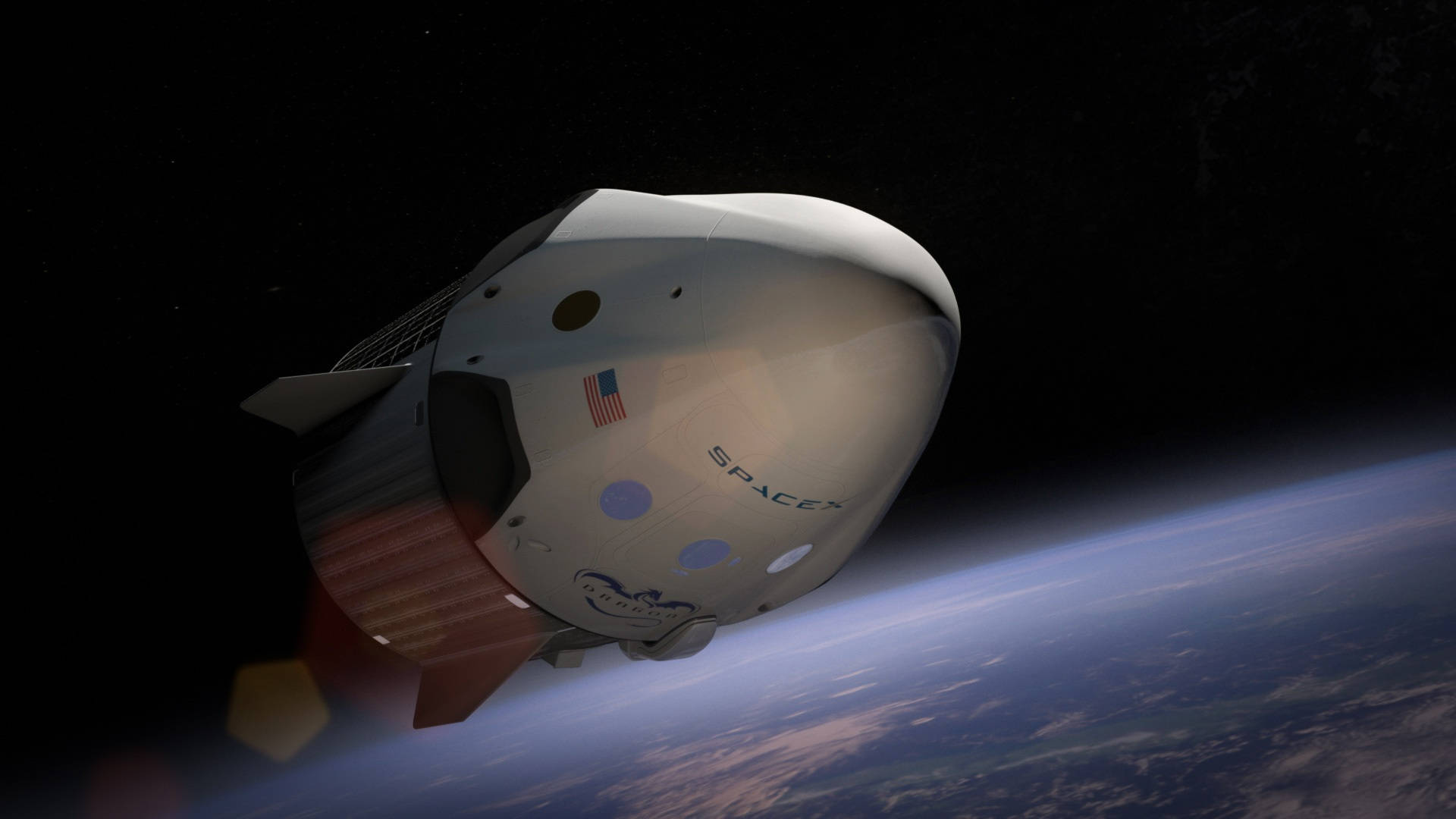 SpaceX 太空船繞地球軌道運行，背景有星星