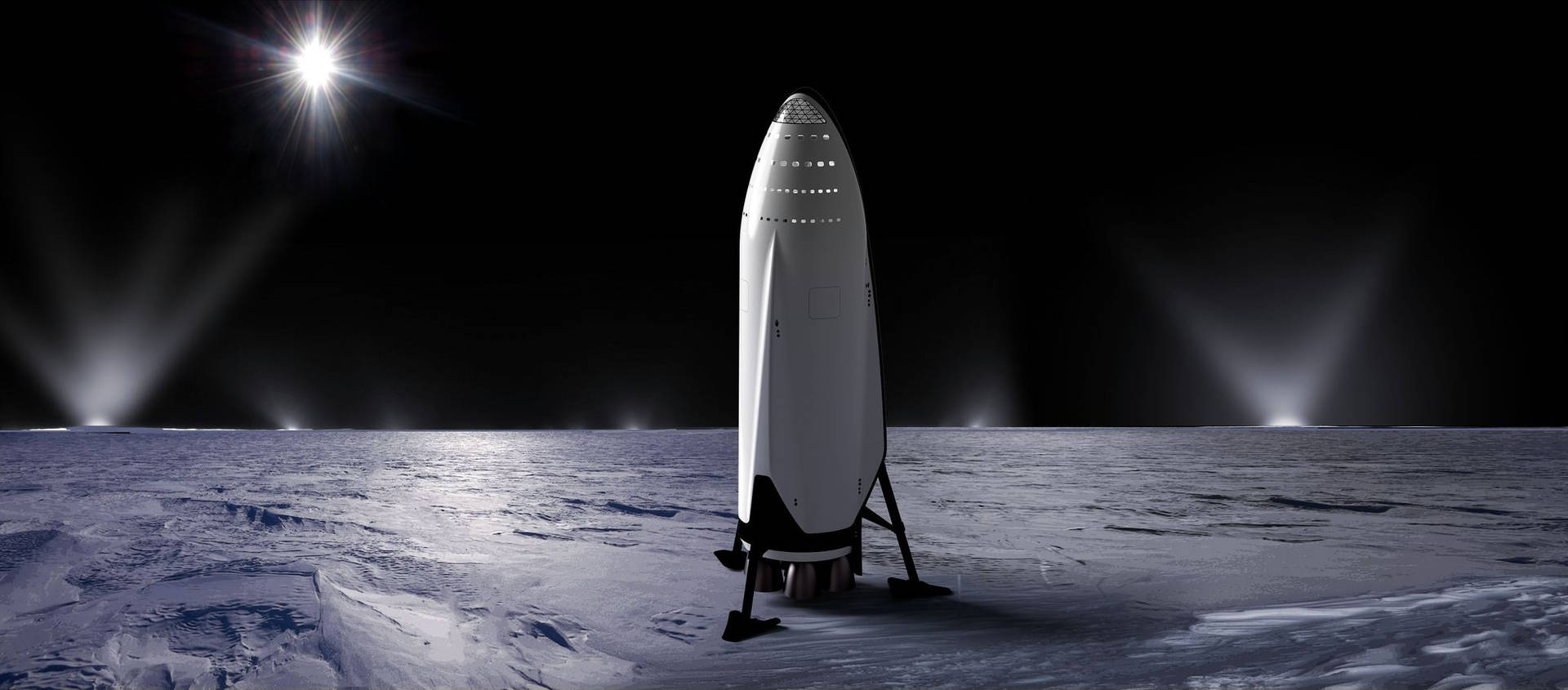 在聚光燈照射下，明亮的星星下的雪地上的一艘白色火箭。 — Spacex GIF 壁紙
