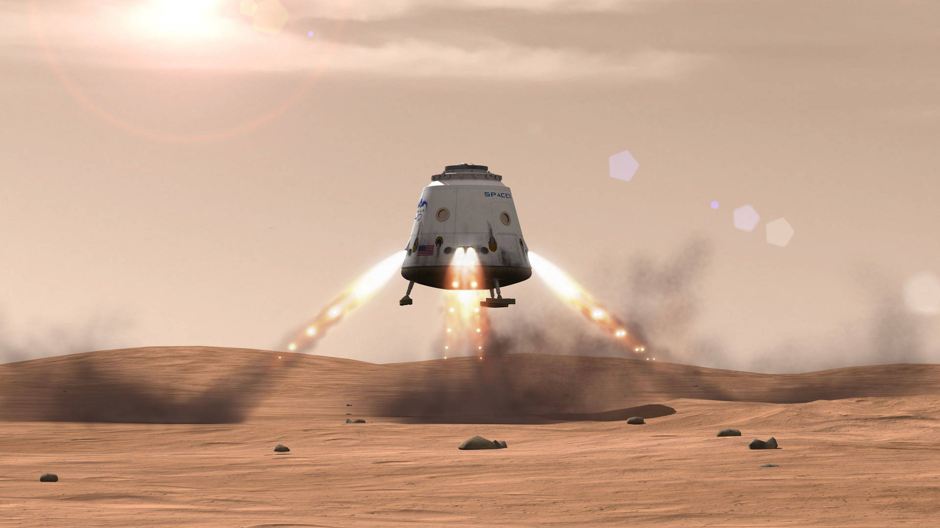 太空船在火星著陸，熾熱的推進器揚起灰塵。 — Spacex GIF 壁紙
