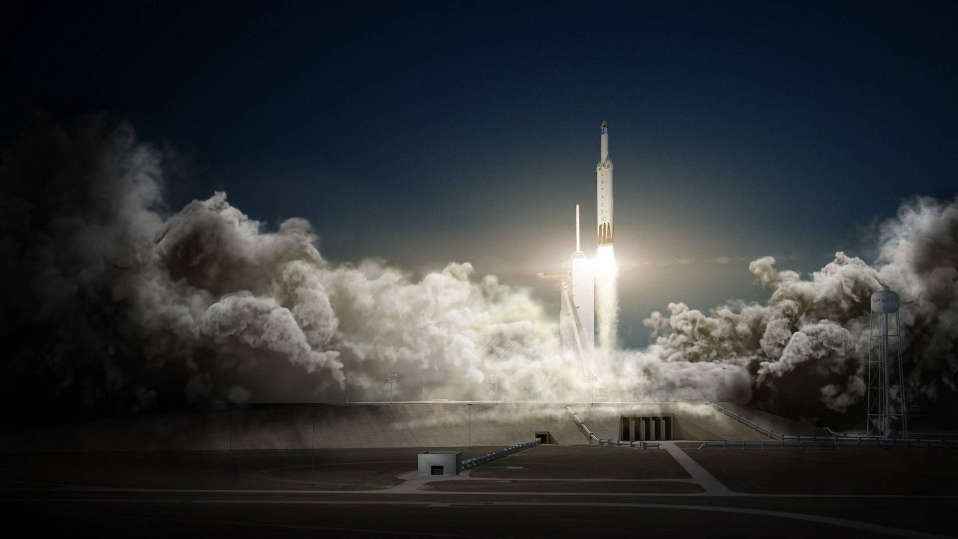 火箭在夜間升空，伴有明亮的火焰和煙雲。 — Spacex GIF 壁紙
