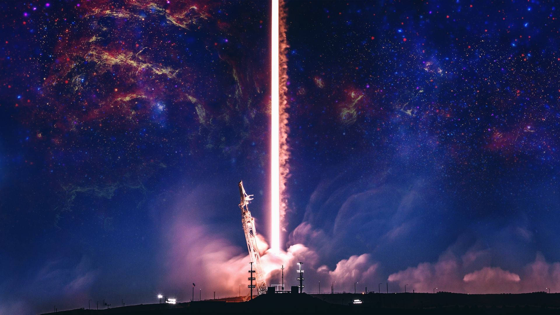火箭發射到繁星點點的夜空，帶有火焰痕跡和宇宙星雲。 — Spacex GIF 壁紙