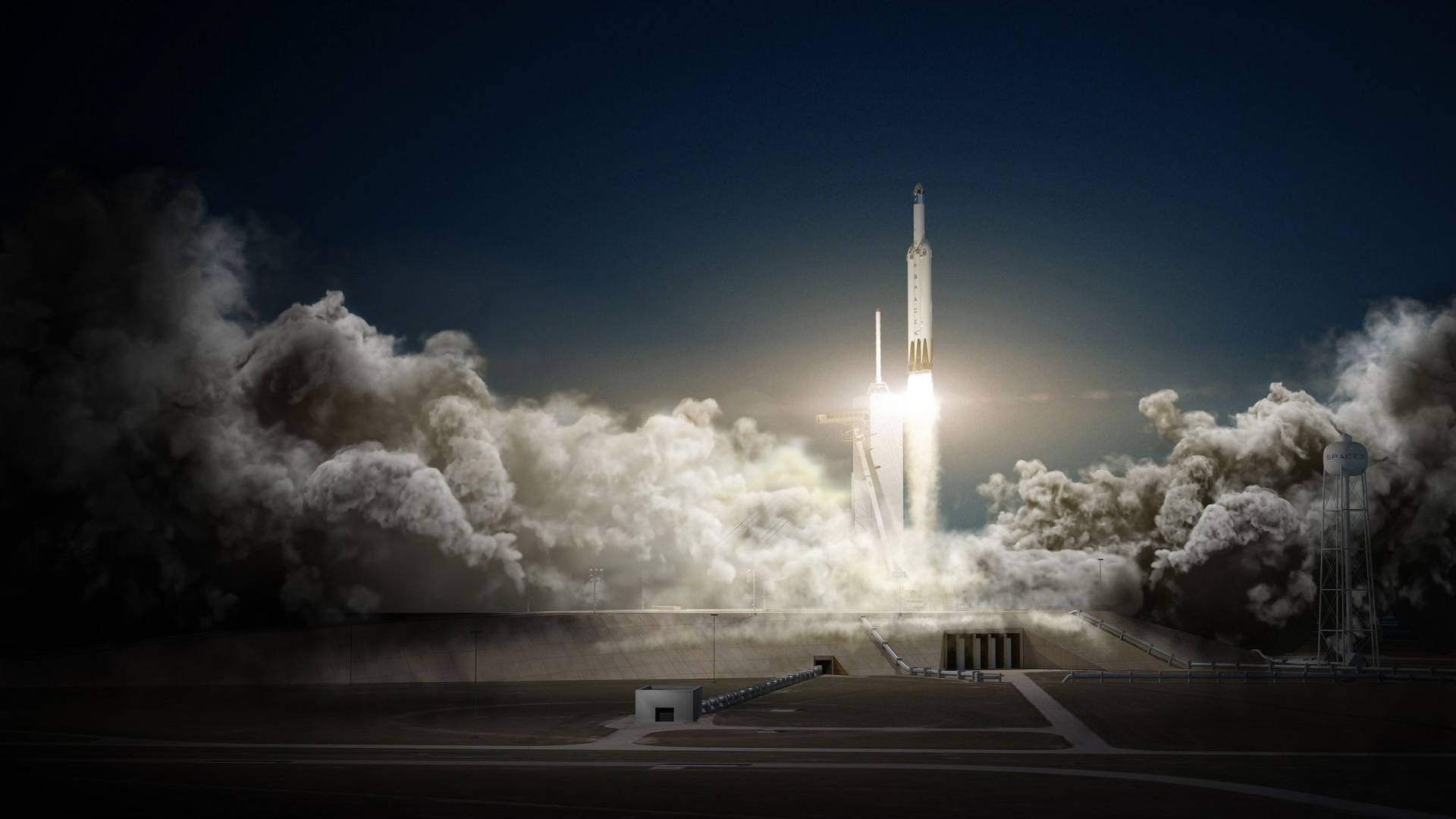 火箭發射升空，夜空中有明亮的火焰和濃煙。 — Spacex GIF 壁紙