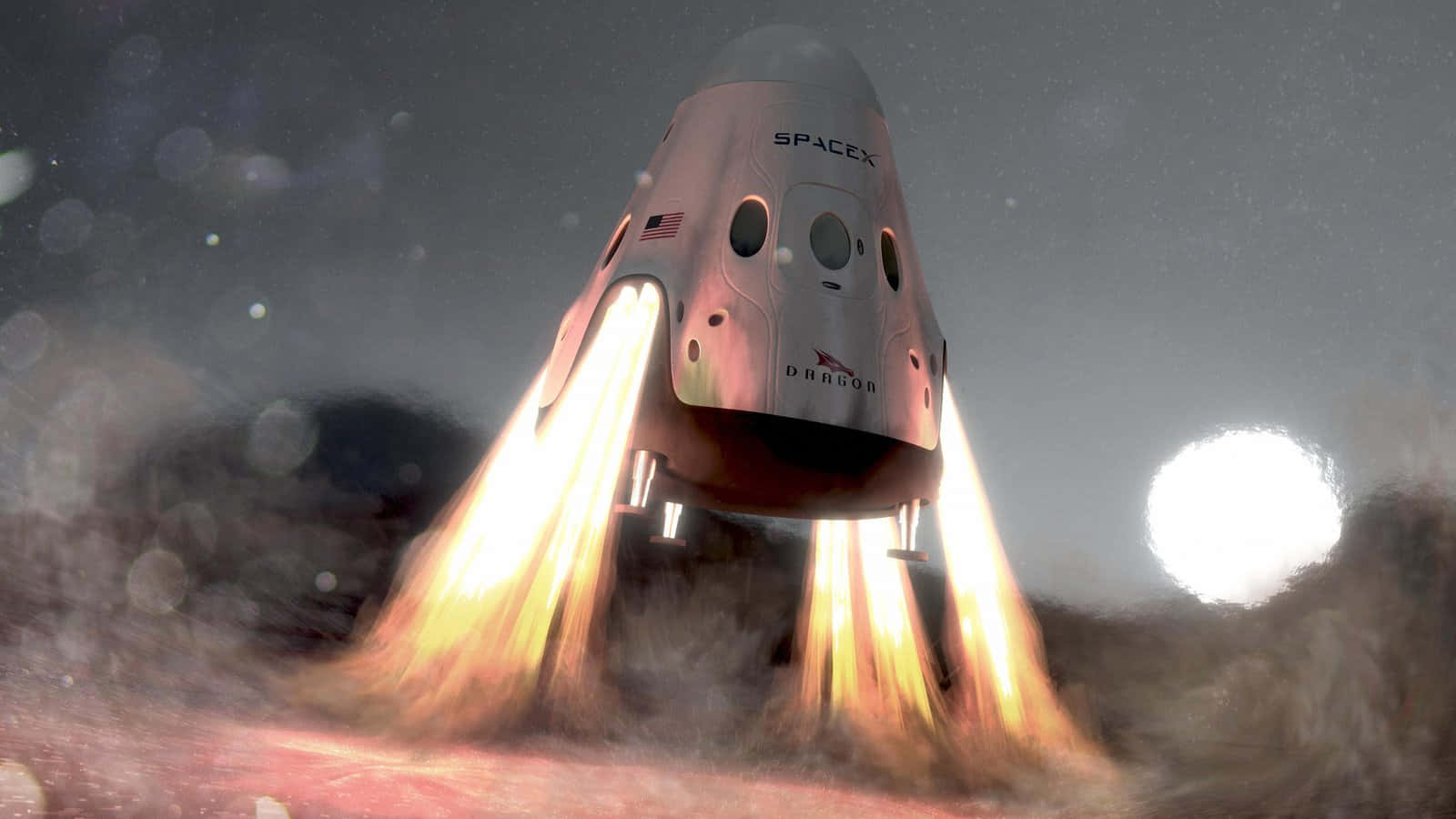 太空船 桌布 壁紙 — SpaceX 龍飛船在星空和發光的月亮背景下，以熾熱的推進器著陸。