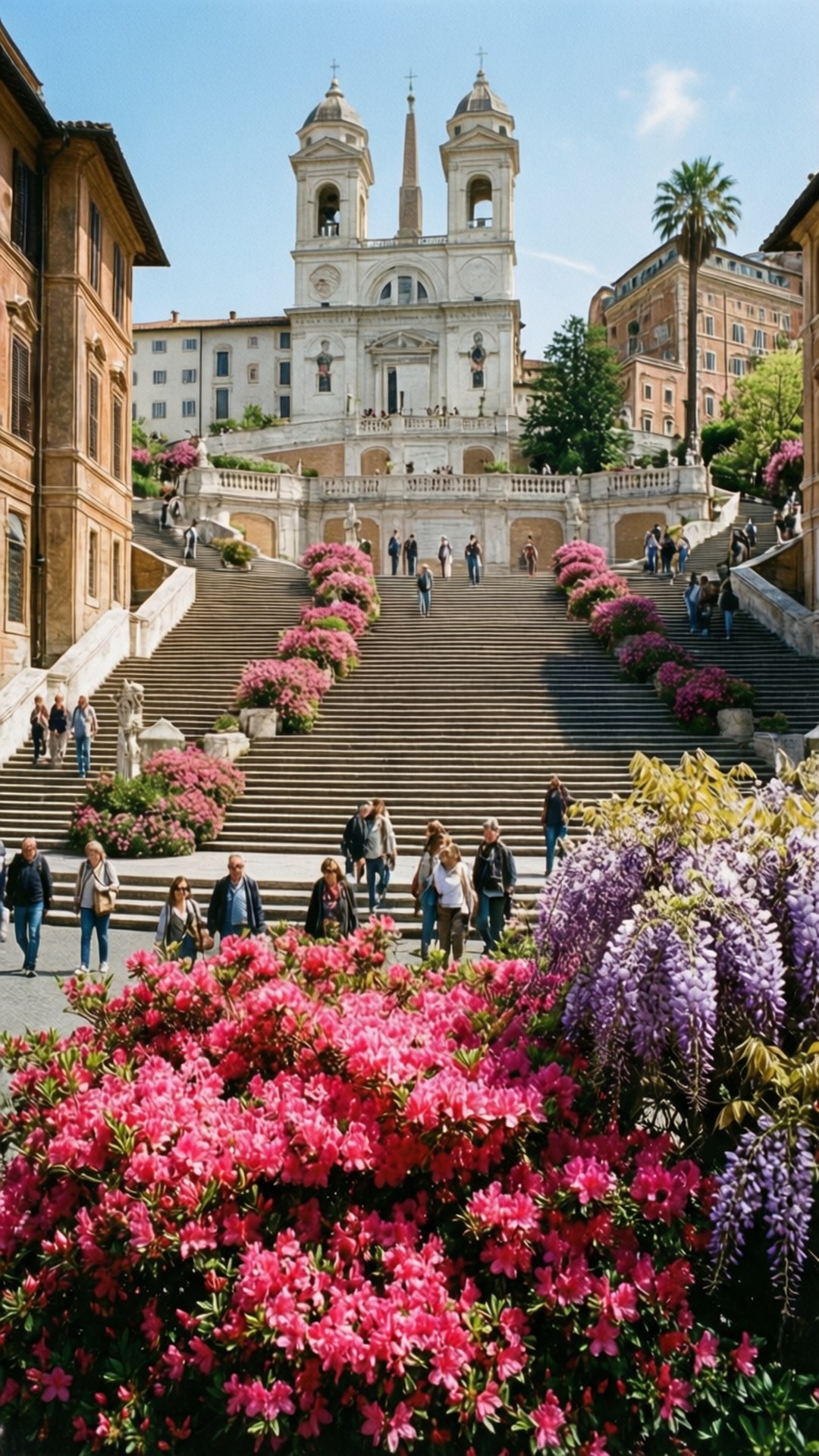 Spanish Steps in Bloom 壁紙 — 鮮豔的粉紅色和紫色花朵在羅馬標誌性的西班牙階梯底部盛開，遊客在晴朗的藍天下登上通往聖三一教堂的巨大石階。