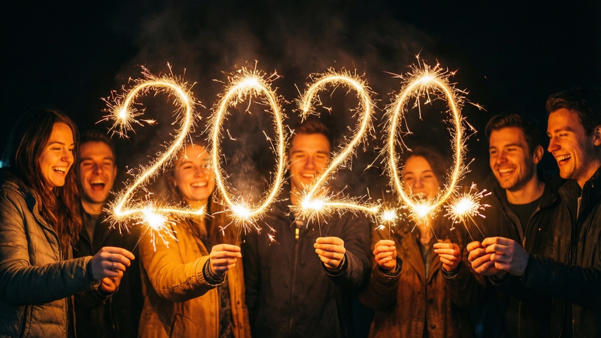 一群朋友手持煙花，在夜晚拼出2020