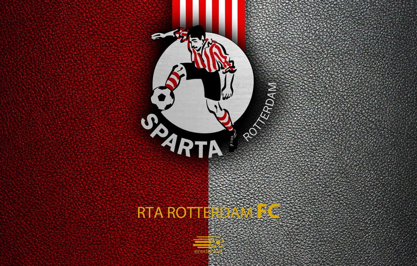 Eredivisie 桌布 壁紙 — Sparta Rotterdam FC 標誌，一名足球員在紅色和灰色皮革背景上踢球。