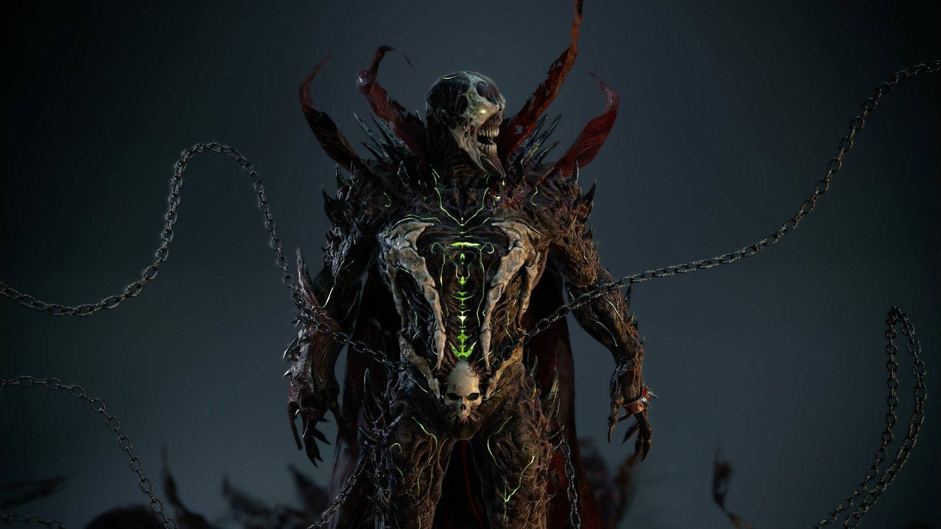 一個帶有發光綠色血管和鎖鏈的惡魔生物，站在黑暗中。