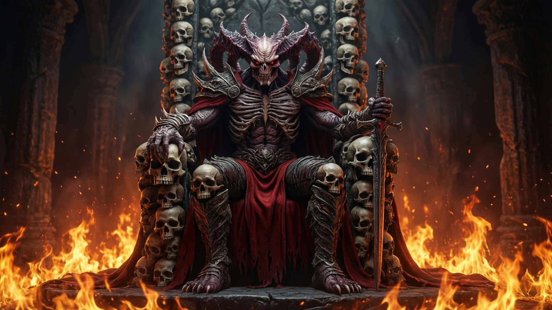 有角和骷髏盔甲的惡魔之王坐在頭骨王座上，周圍是火焰。