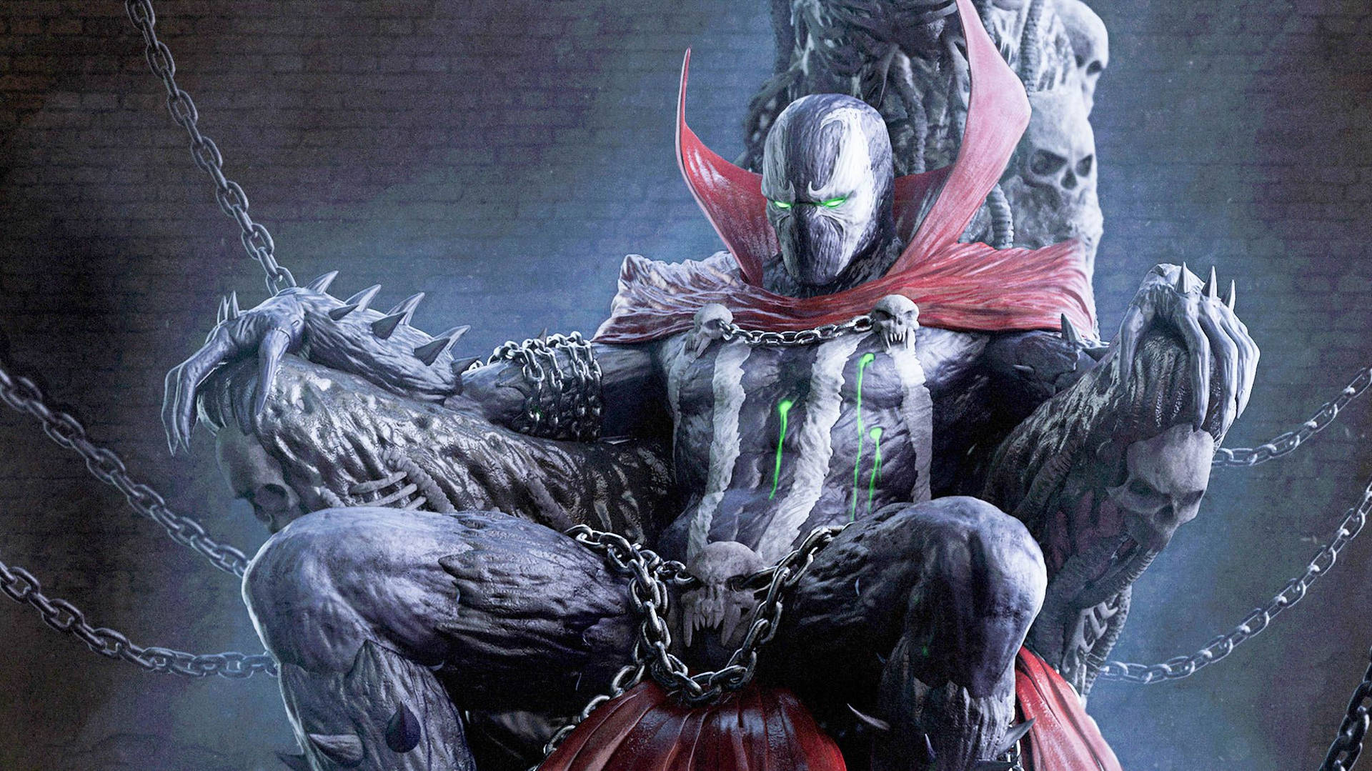 帶有發光眼睛和紅色斗篷的骷髏戰士被鎖鏈鎖在磚牆上，周圍有頭骨。