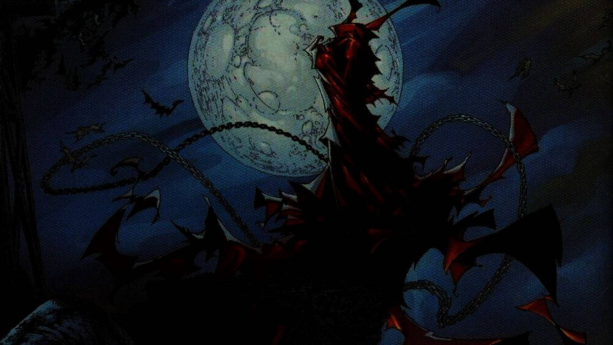 一隻帶有鎖鏈的紅龍和蝙蝠在滿月下夜間飛翔。