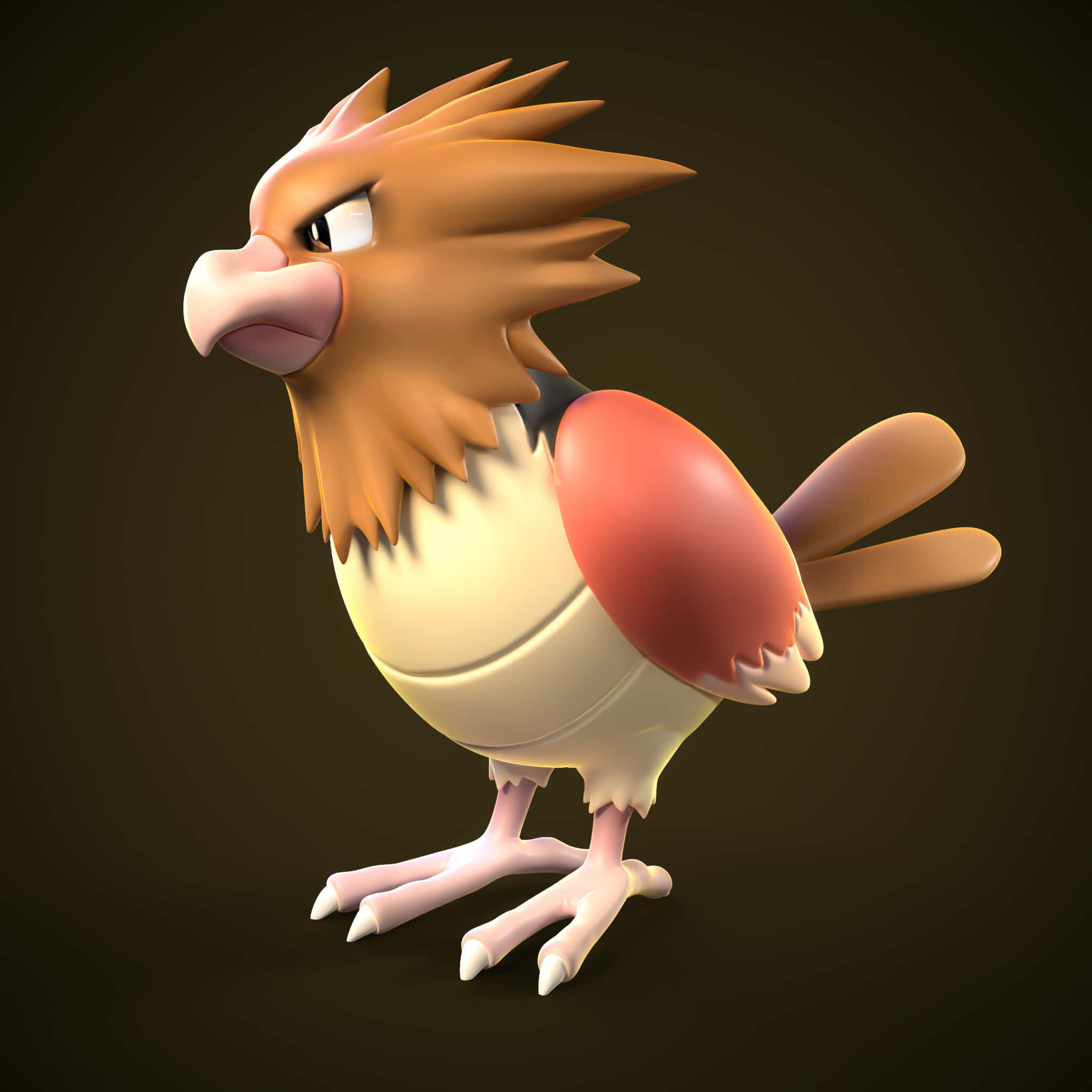 寶可夢 Spearow 生動 3D 呈現 壁紙 — 一隻3D渲染的卡通鳥，有尖刺的棕色羽毛、紅色翅膀和粉紅色喙，在深棕色背景上警覺地站立。
