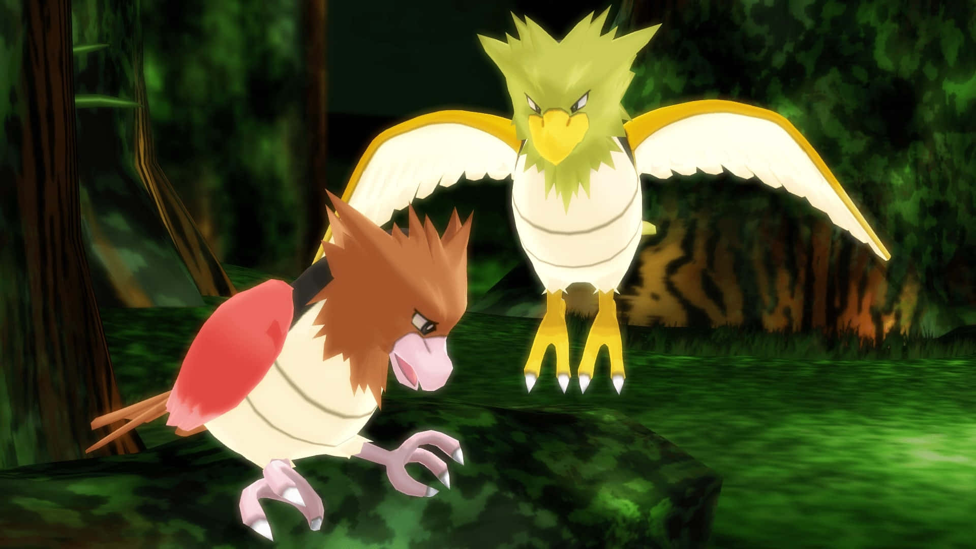 寶可夢 Spearow 與閃亮 Spearow 3D 森林場景 壁紙 — 兩隻寶可夢，一隻棕紅色鳥類生物和一隻黃綠色鷹類生物，在深綠色森林中警覺地站立。