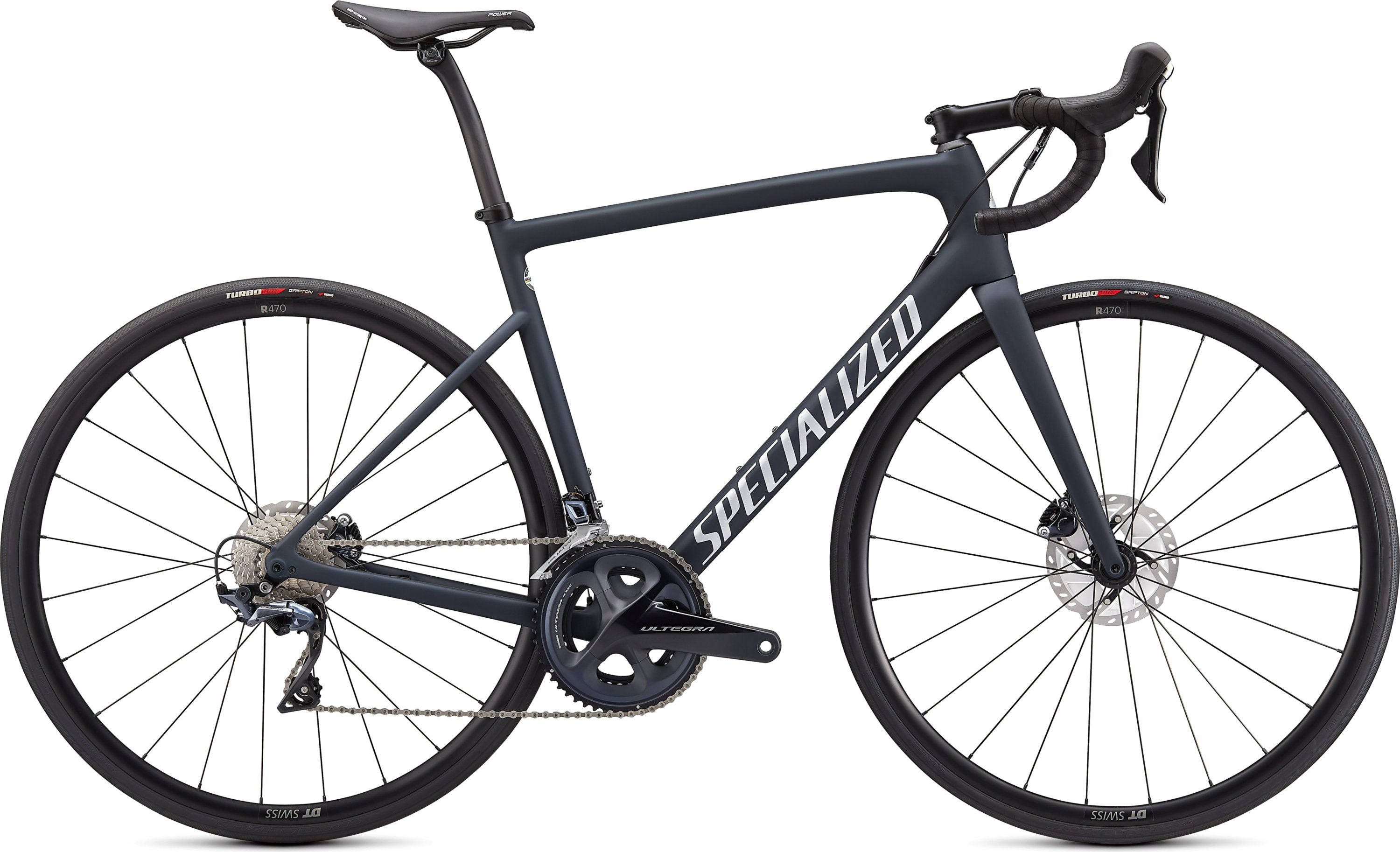 黑銀配色Specialized自行車 壁紙 — 一輛在攝影棚燈光下展示的時尚霧黑色Specialized公路自行車，配備彎把和碟剎。