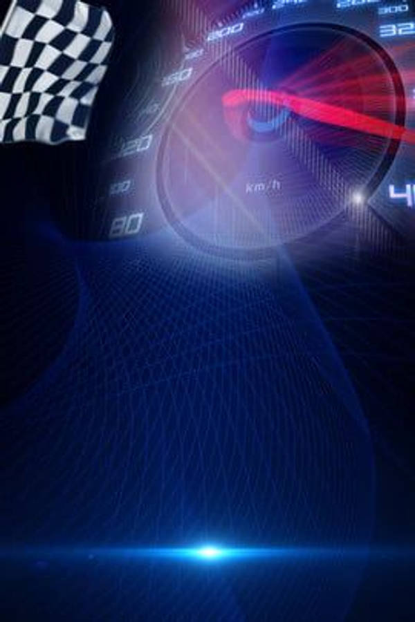 Speedtest 計速儀聚光燈 壁紙 — 發光的藍色速度計指針疾馳超過 320 公里/小時，方格旗在數位夜空中飄揚。