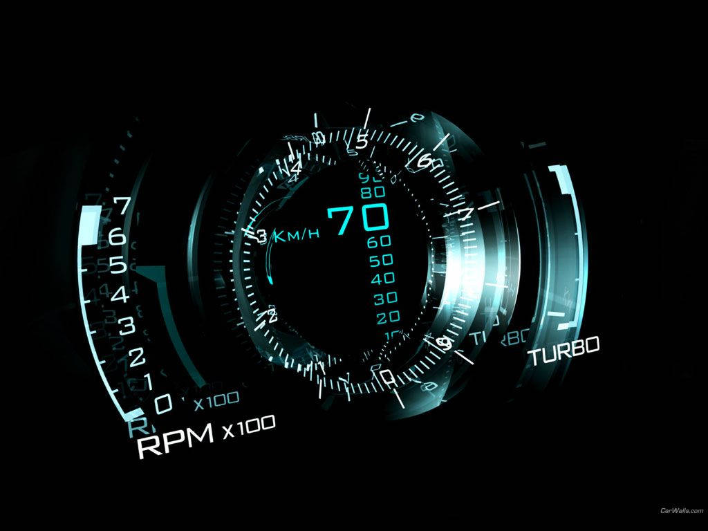 Speedtest 高速計速儀 壁紙 — 發光的未來感汽車儀表板，帶有藍色數字顯示，顯示70公里/小時和渦輪增壓指示器，背景為黑色。