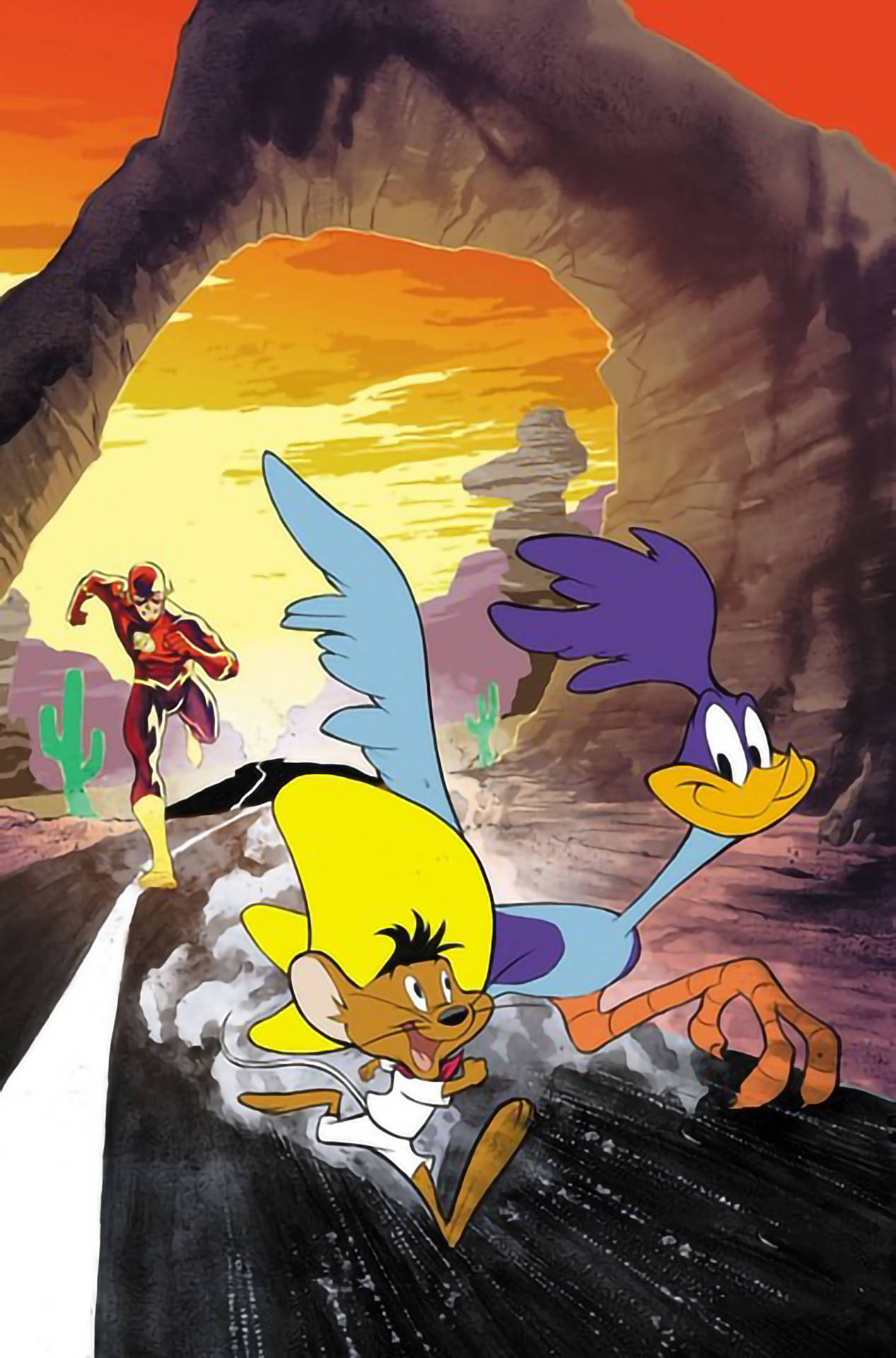 Wile E Coyote 同 Road Runner 喺日落時分穿過沙漠峽谷，閃電俠追緊佢哋。