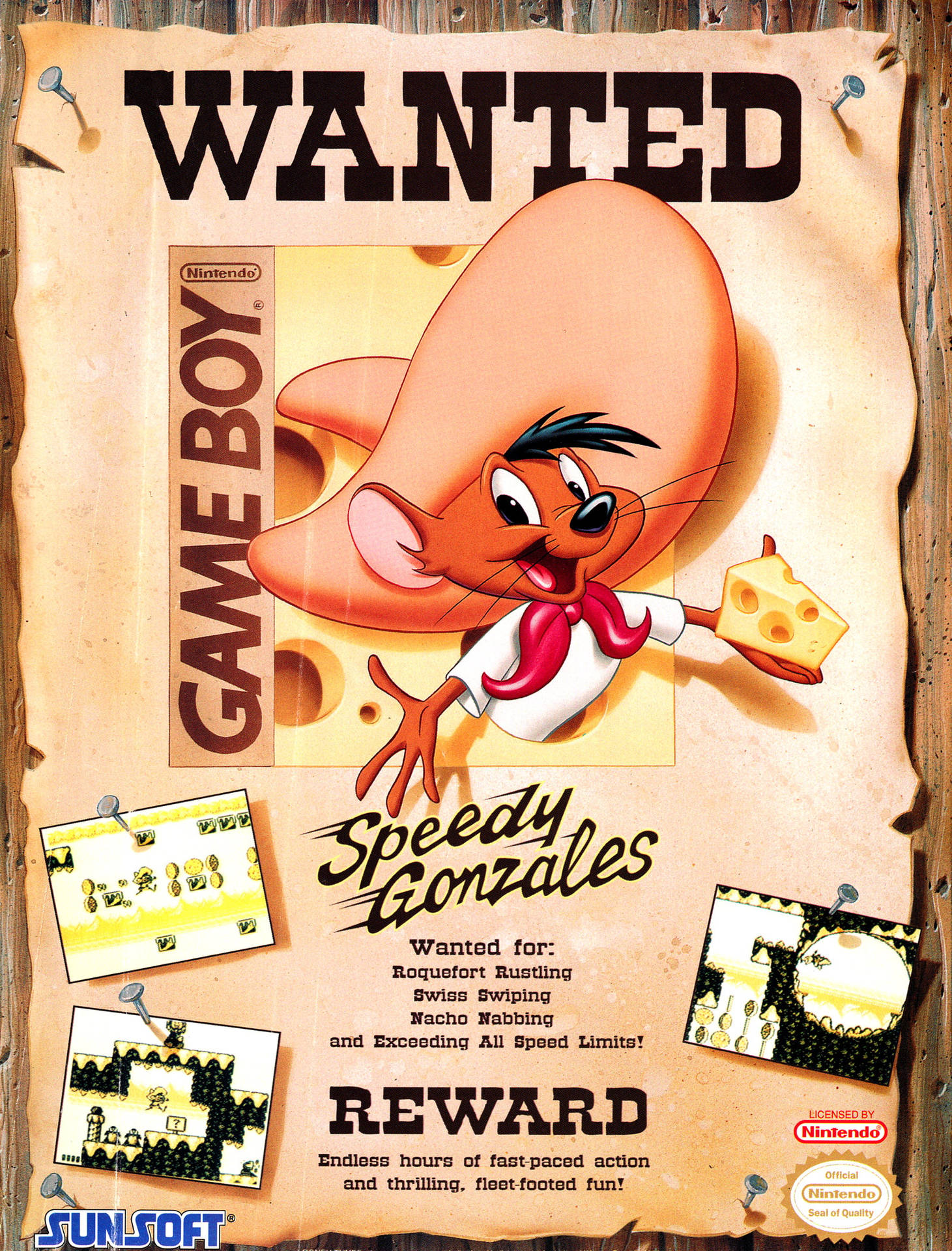 老鼠 Speedy Gonzales 在 Game Boy 遊戲中拿著芝士的通緝海報。