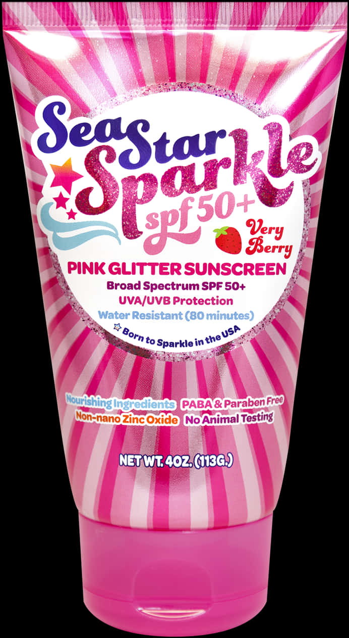 海星閃耀 SPF50 防曬霜 壁紙 — 一個鮮粉紅色的Sea Star Sparkle Very Berry防曬霜管，帶有閃爍文字和放射狀條紋，背景為黑色。