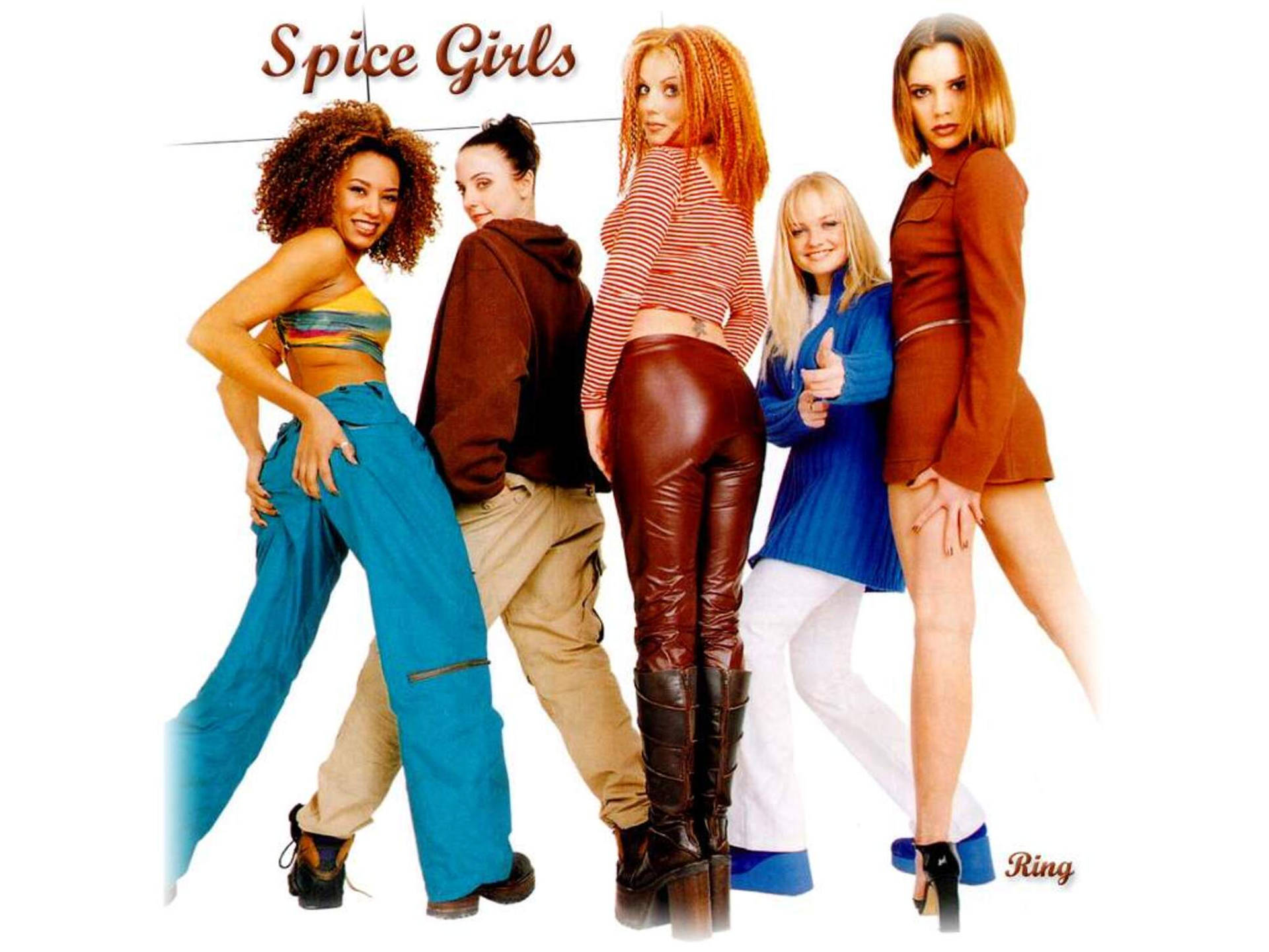 五位Spice Girls穿著色彩繽紛的90年代服裝為宣傳照擺姿勢。