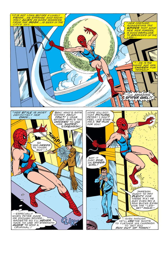 Betty Brant 桌布 壁紙 — Spider-Girl 在經典漫畫格中以大膽線條和鮮豔色彩穿梭城市景觀。