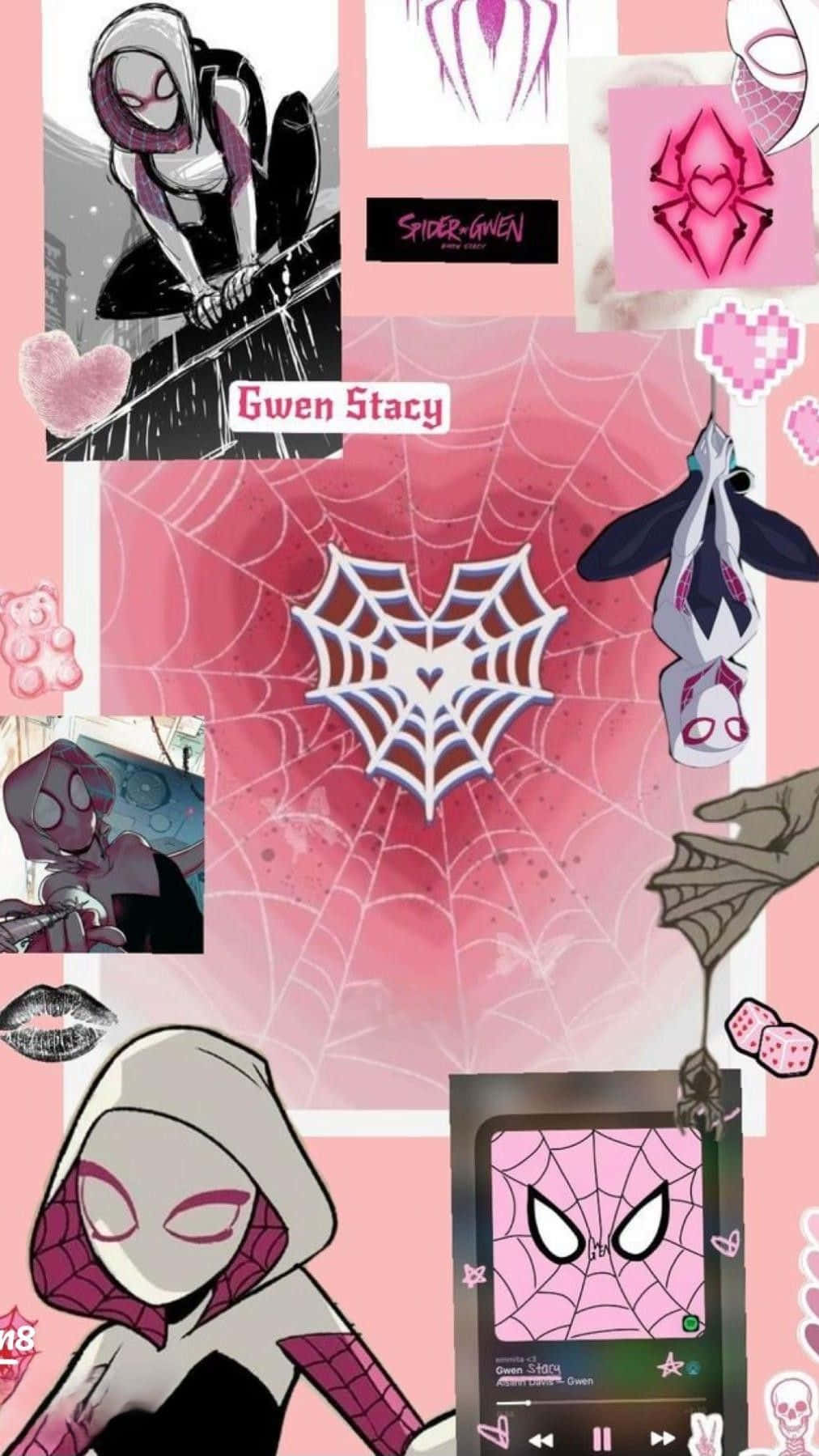  壁紙 — 一幅充滿活力的粉紅色拼貼畫， featuring Gwen Stacy 作為 Spider-Gwen，以各種動態姿勢和藝術風格呈現。