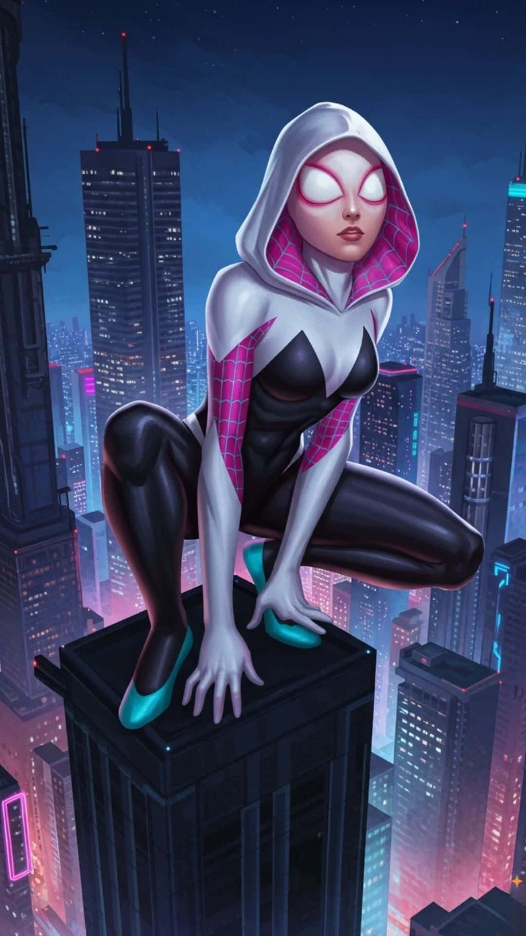  壁紙 — Spider-Gwen 夜晚棲身喺摩天大樓頂，俯瞰霓虹燈照亮嘅建築物同星空嘅城市景觀。