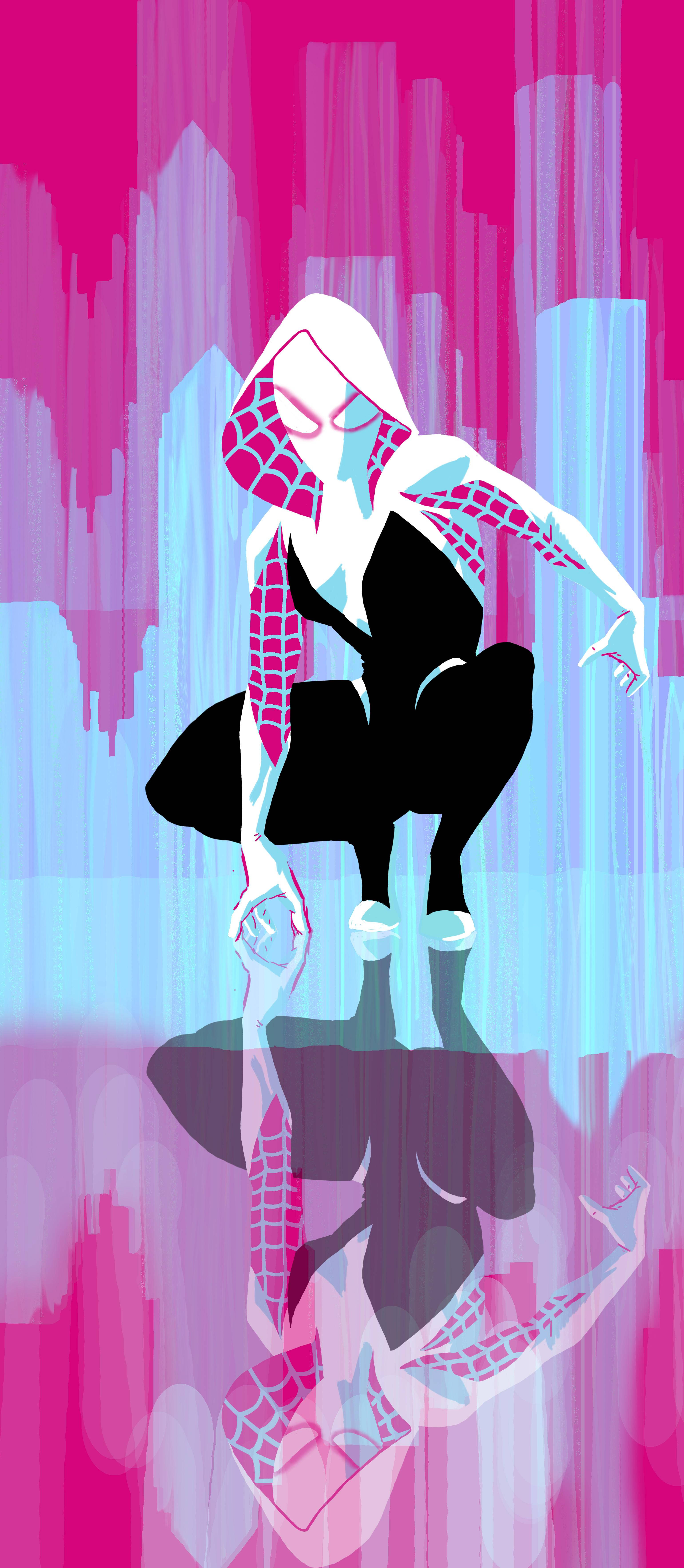 Spider Gwen 倒影 壁紙 — 一個風格化的蜘蛛格溫在充滿活力的粉紅色和藍色城市景觀前動態地蹲下，下方有鏡像倒影。