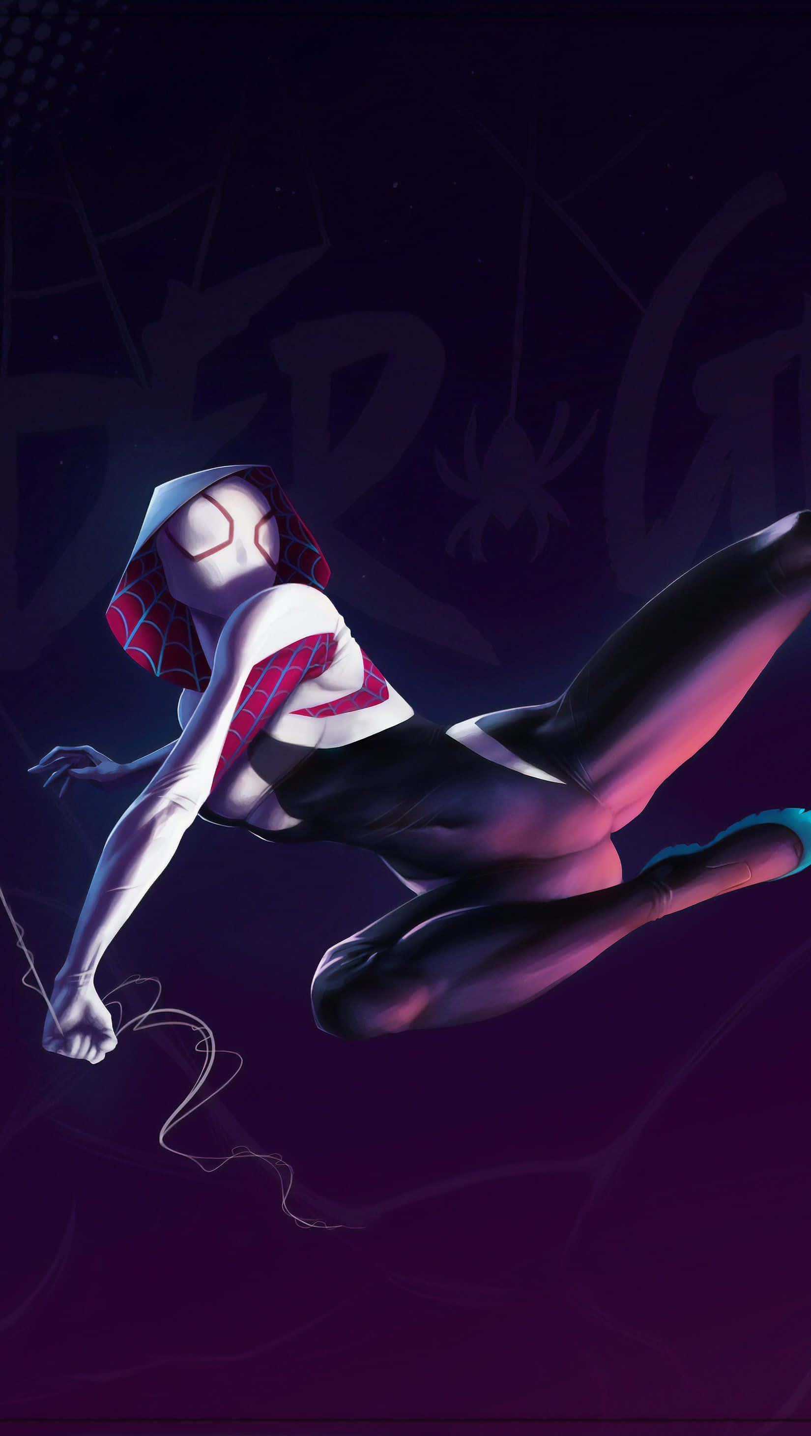 Gwen Stacy 桌布 壁紙 — Spider-Gwen 在深紫色背景上以動態空中姿勢呈現，帶有發光的蜘蛛網圖案。