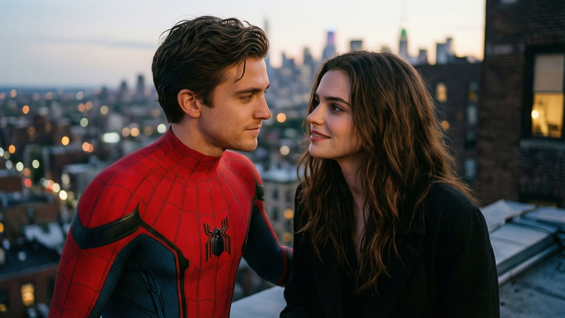 Spider Man No Way Home 桌布 壁紙 — 蜘蛛俠與一名女性在黃昏時分，於發光的城市天際線背景下，在屋頂上分享親密時刻。