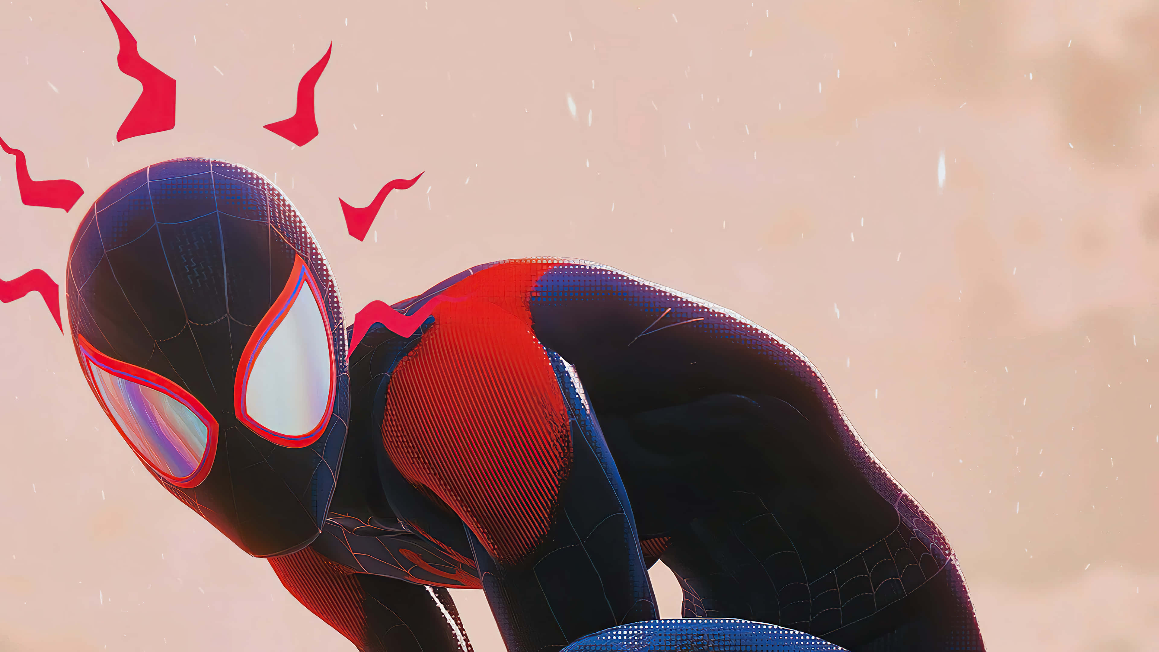 Spider-man Spider Sense 桌布 壁紙 — 蜘蛛俠蹲在雨中，頭部周圍有紅色能量爆發，背景是模糊的桃色天空。