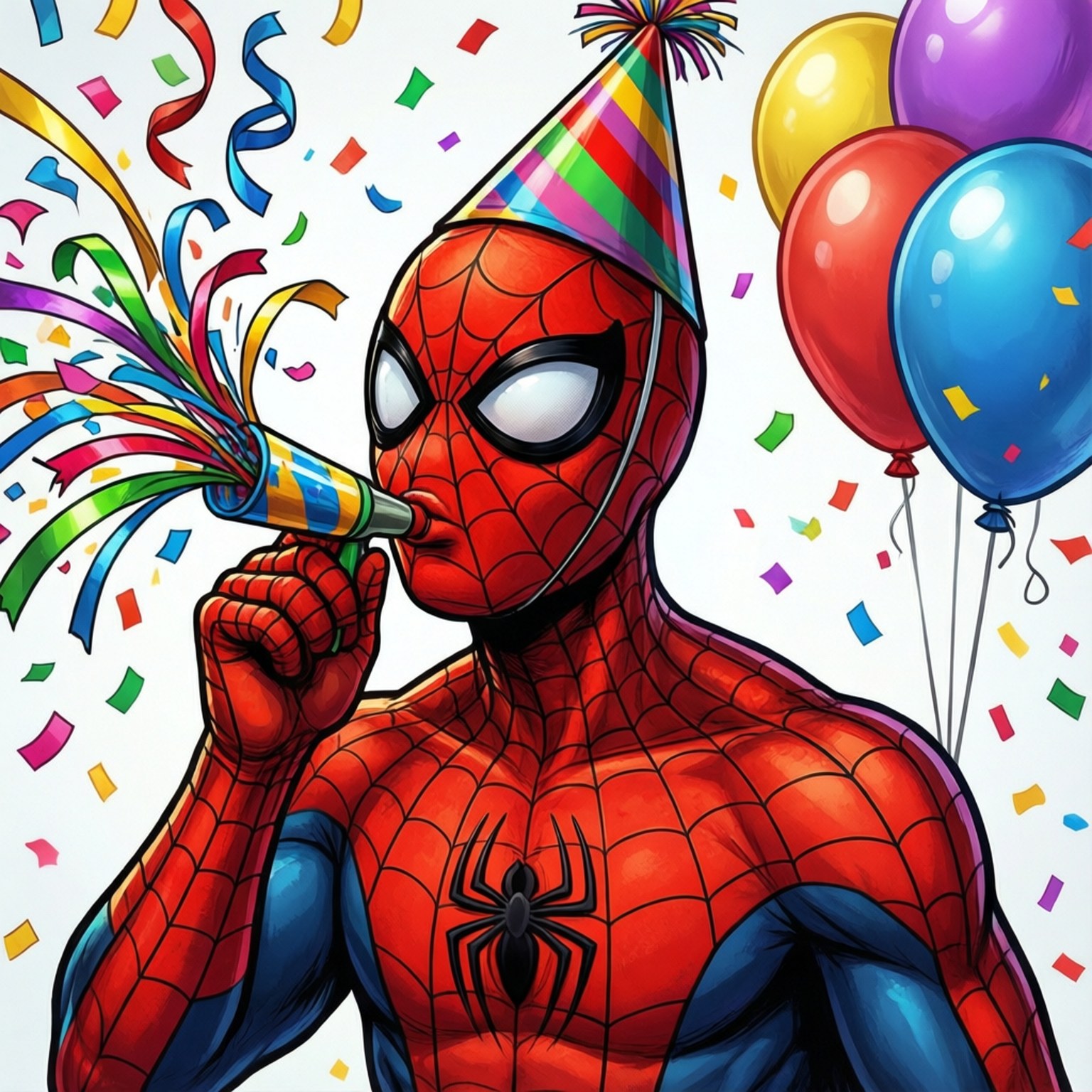 Spiderman Birthday 桌布 壁紙 — 蜘蛛俠戴著彩虹派對帽，吹著彩色紙屑喇叭，周圍有氣球和飄落的彩帶。